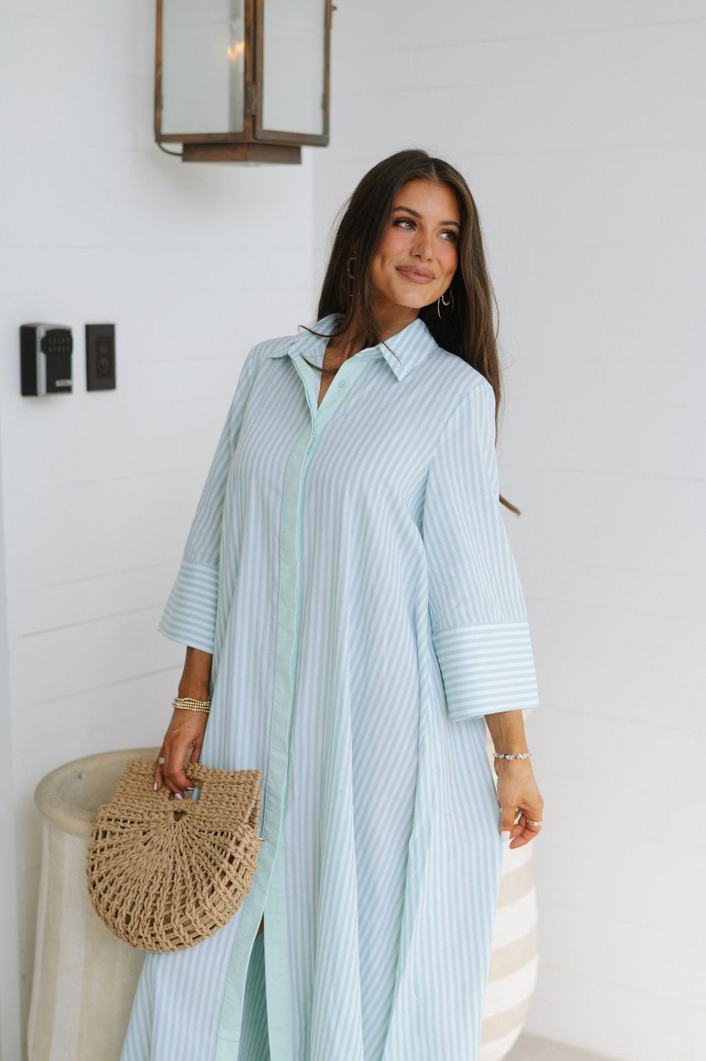 Archer Striped Shirt Dress- Seafoam Green