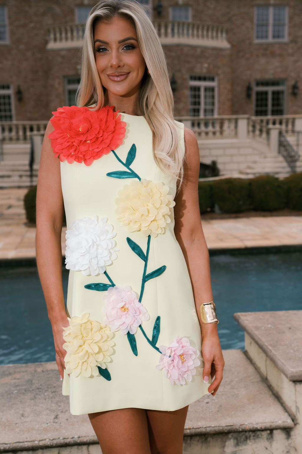 Floral Embroidered Mini Dress-Yellow