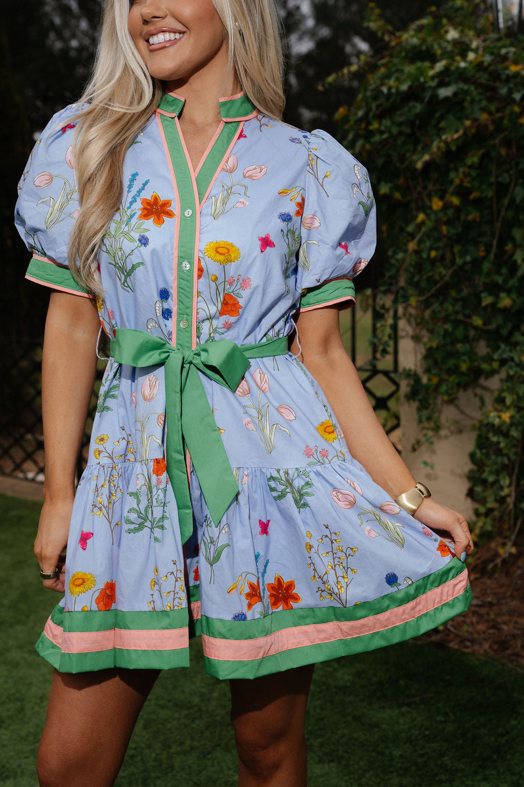 Floral Puff Sleeve Mini Dress-Blue