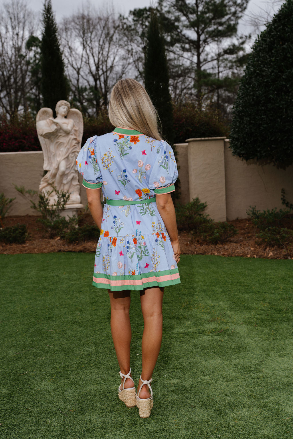 Floral Puff Sleeve Mini Dress-Blue