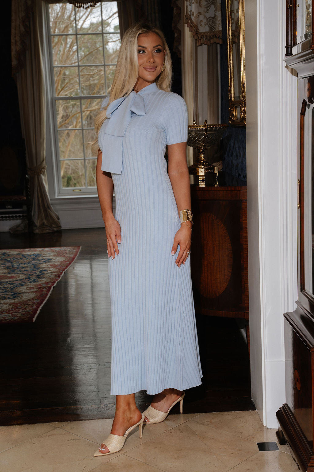 Addy Neck Tie Knit Dress-Sky