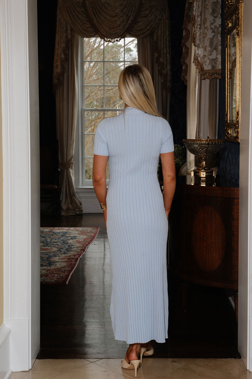 Addy Neck Tie Knit Dress-Sky