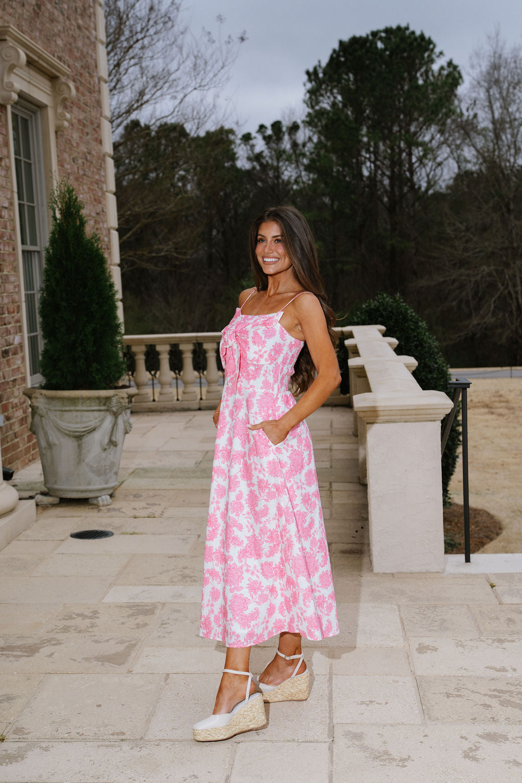 Oliver Floral Midi Dress-Pink/White
