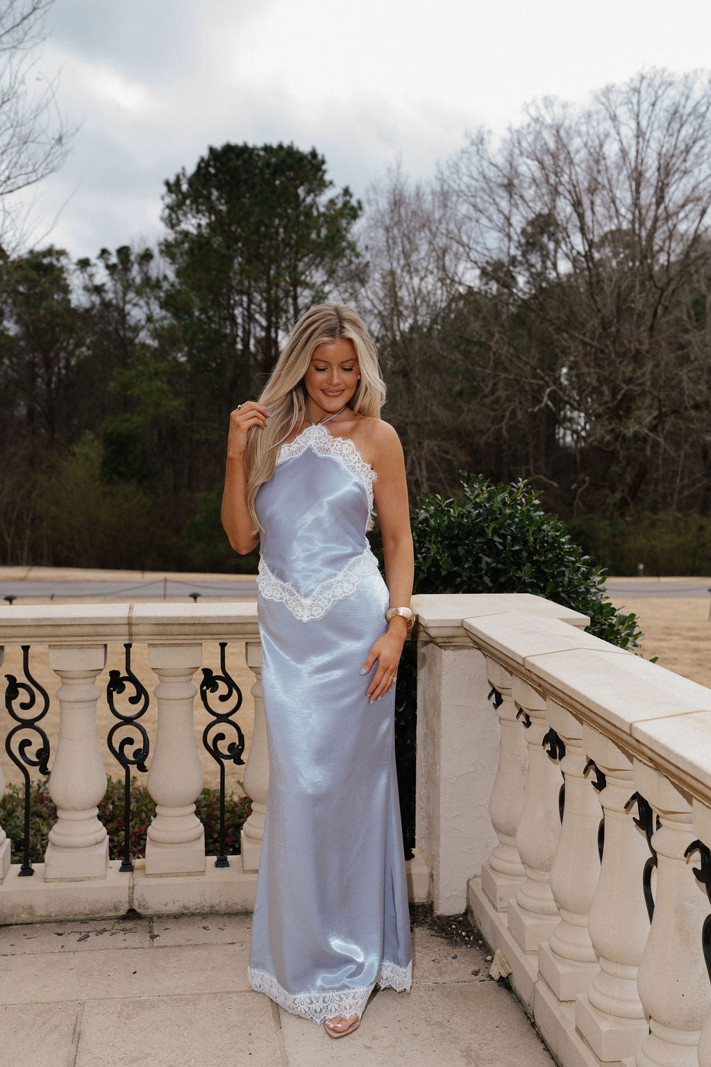 Zoe Lace Detail Maxi Dress-Dusty Blue/Ivory