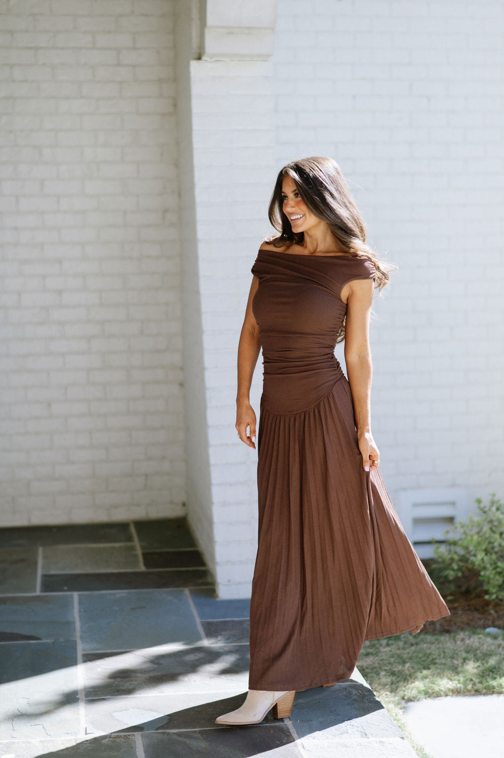 Flora Ruched Pleated Dress- Chocolate