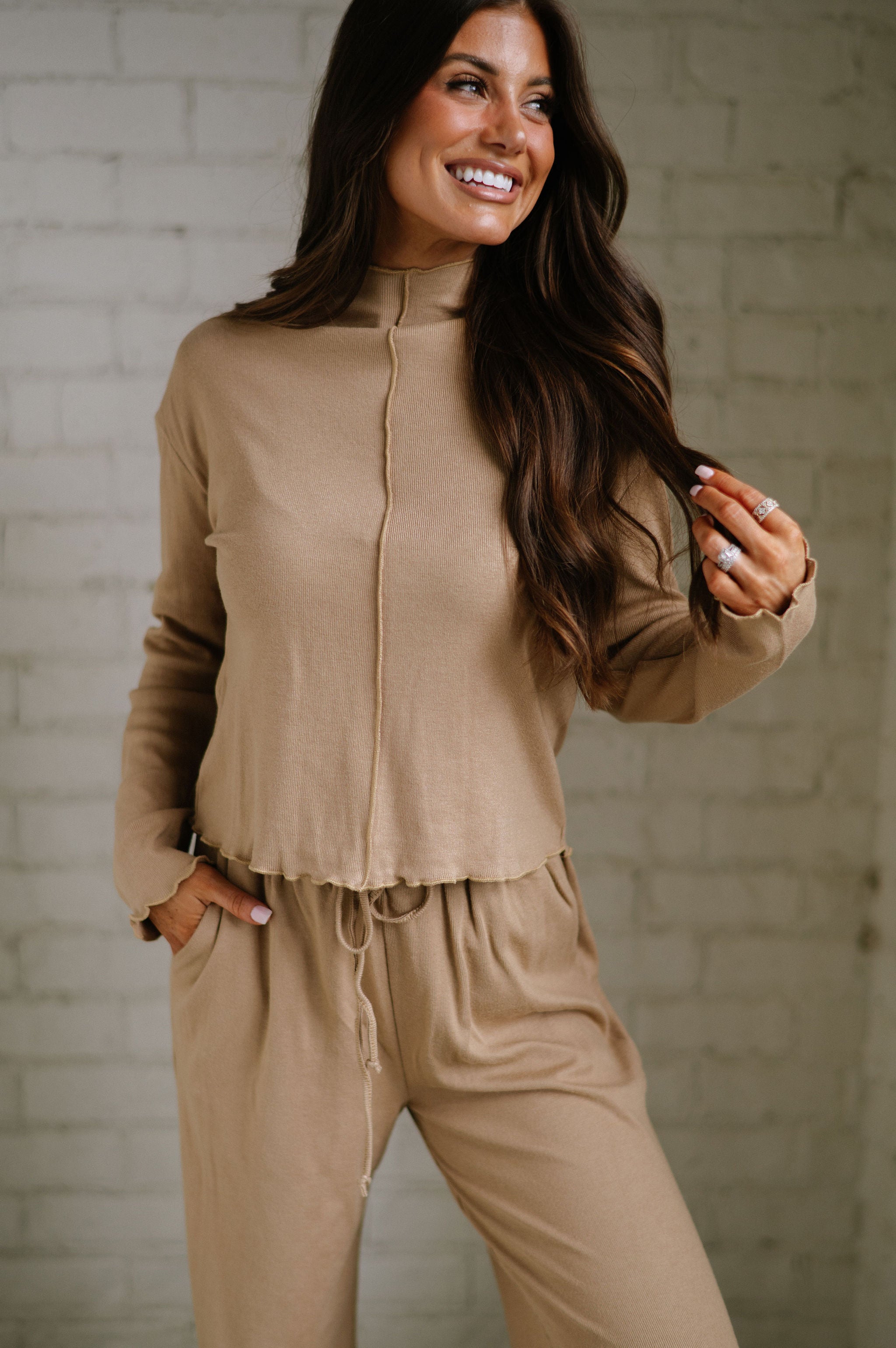 Exposed Seam Pants Set-Camel