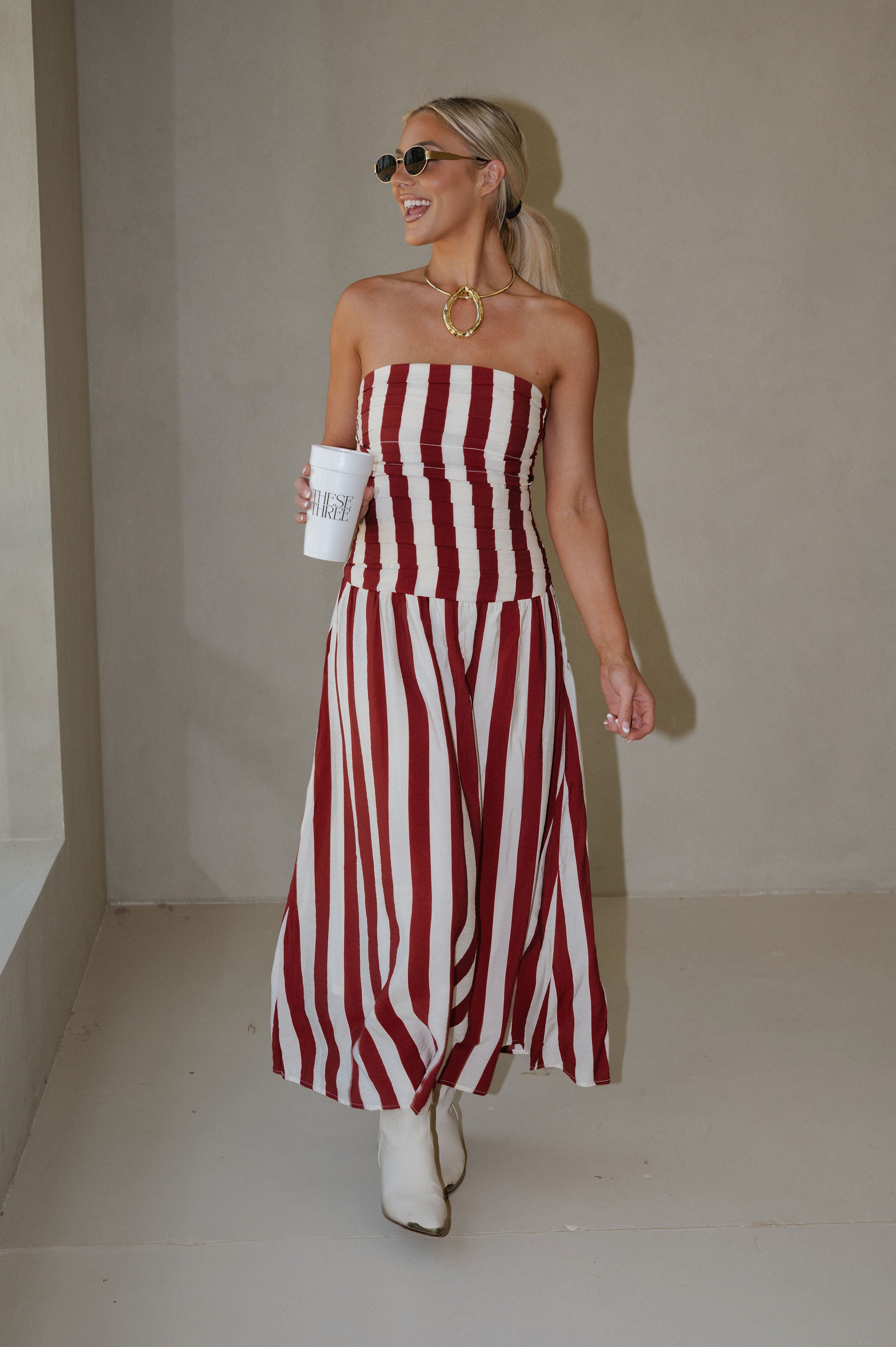 Vertical Stripe Strapless Midi Dress-Red