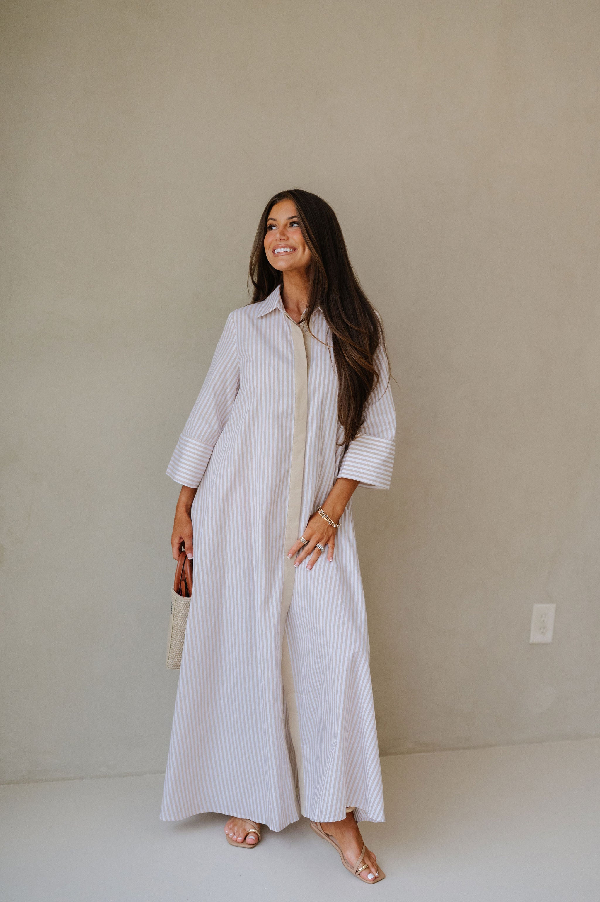 Archer Striped Shirt Dress-Tan