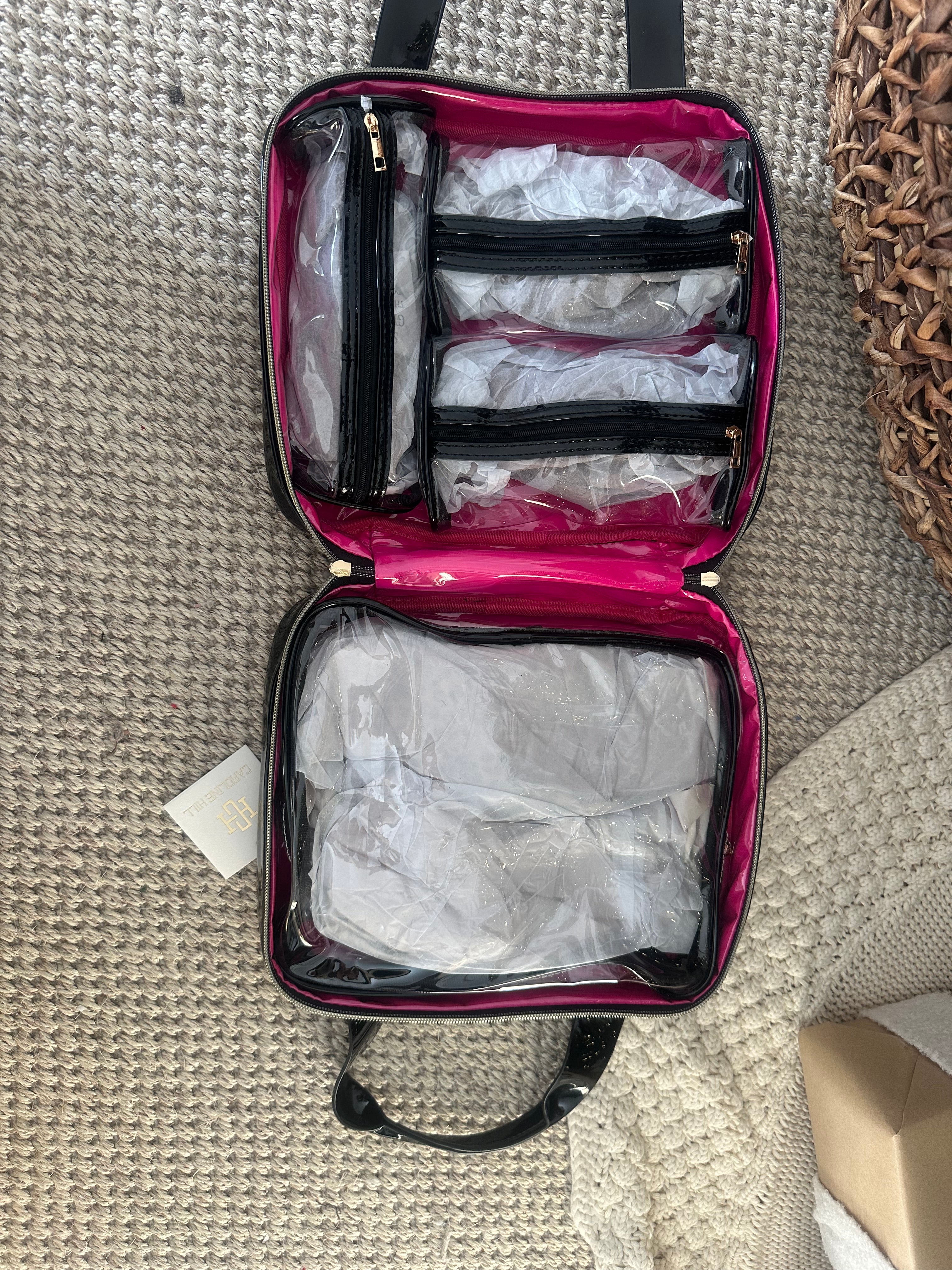 Patent Leather Quilted Makeup Bag- Black