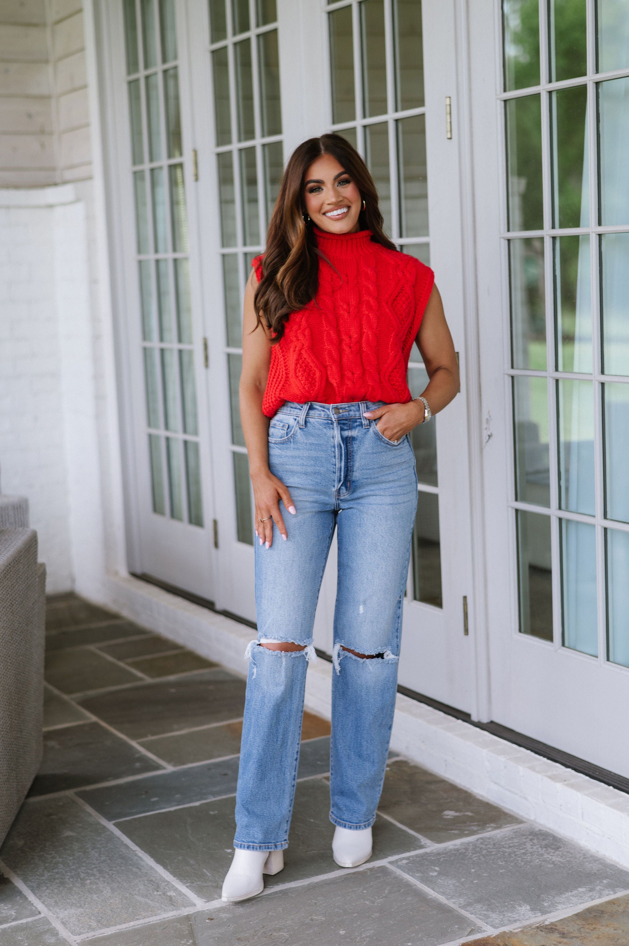 Chunky Cable Knit Turtleneck- Red