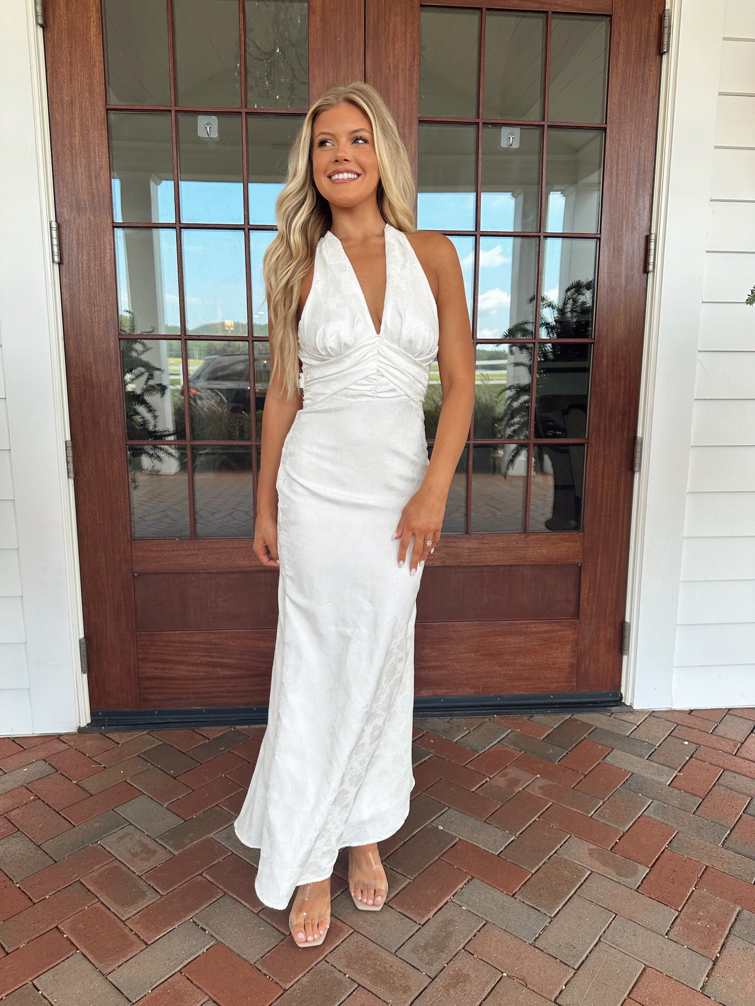 Plunge Neck Embroidered Maxi Dress-White