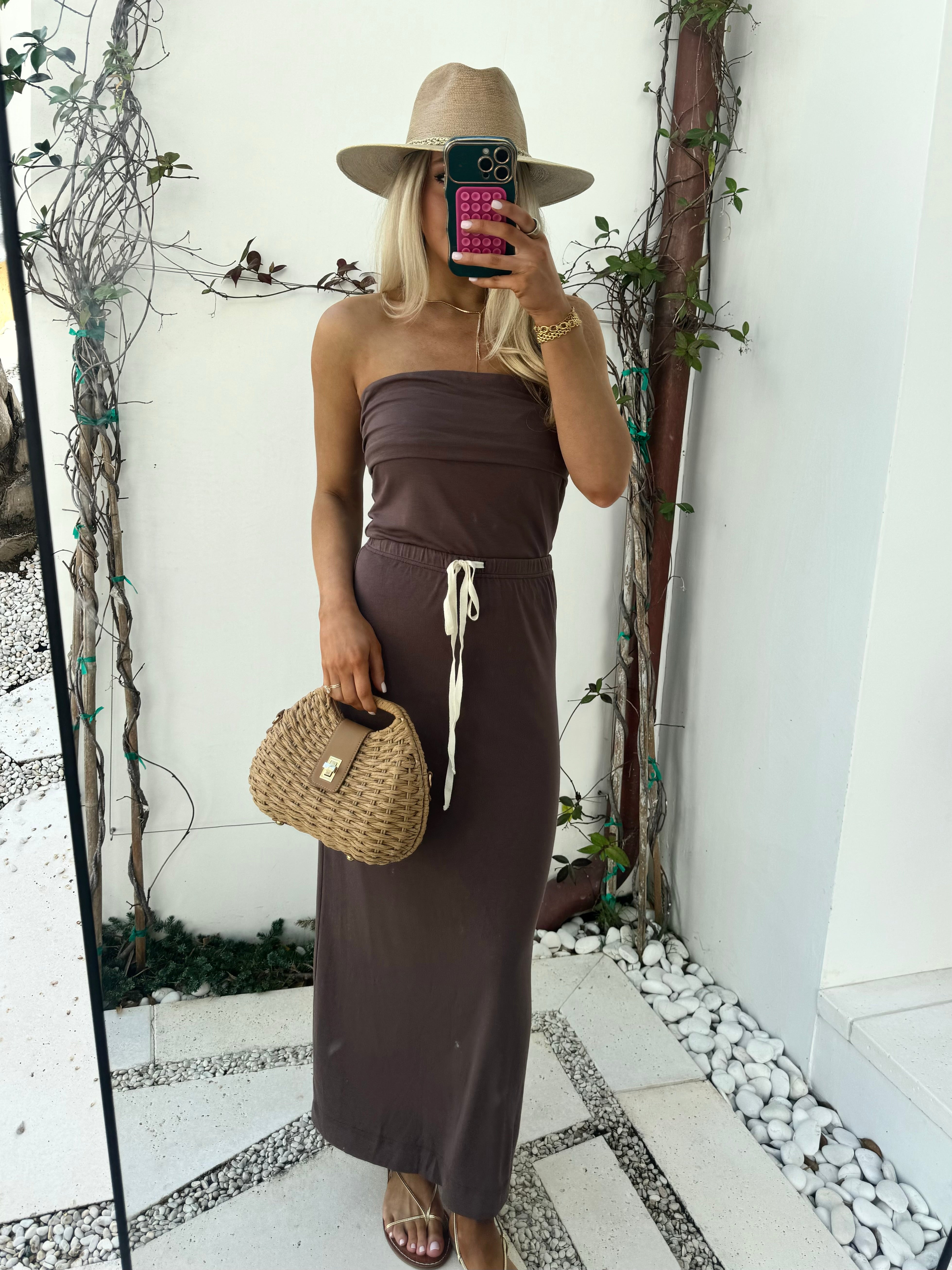 Jersey Knit Maxi Skirt Set-Brown