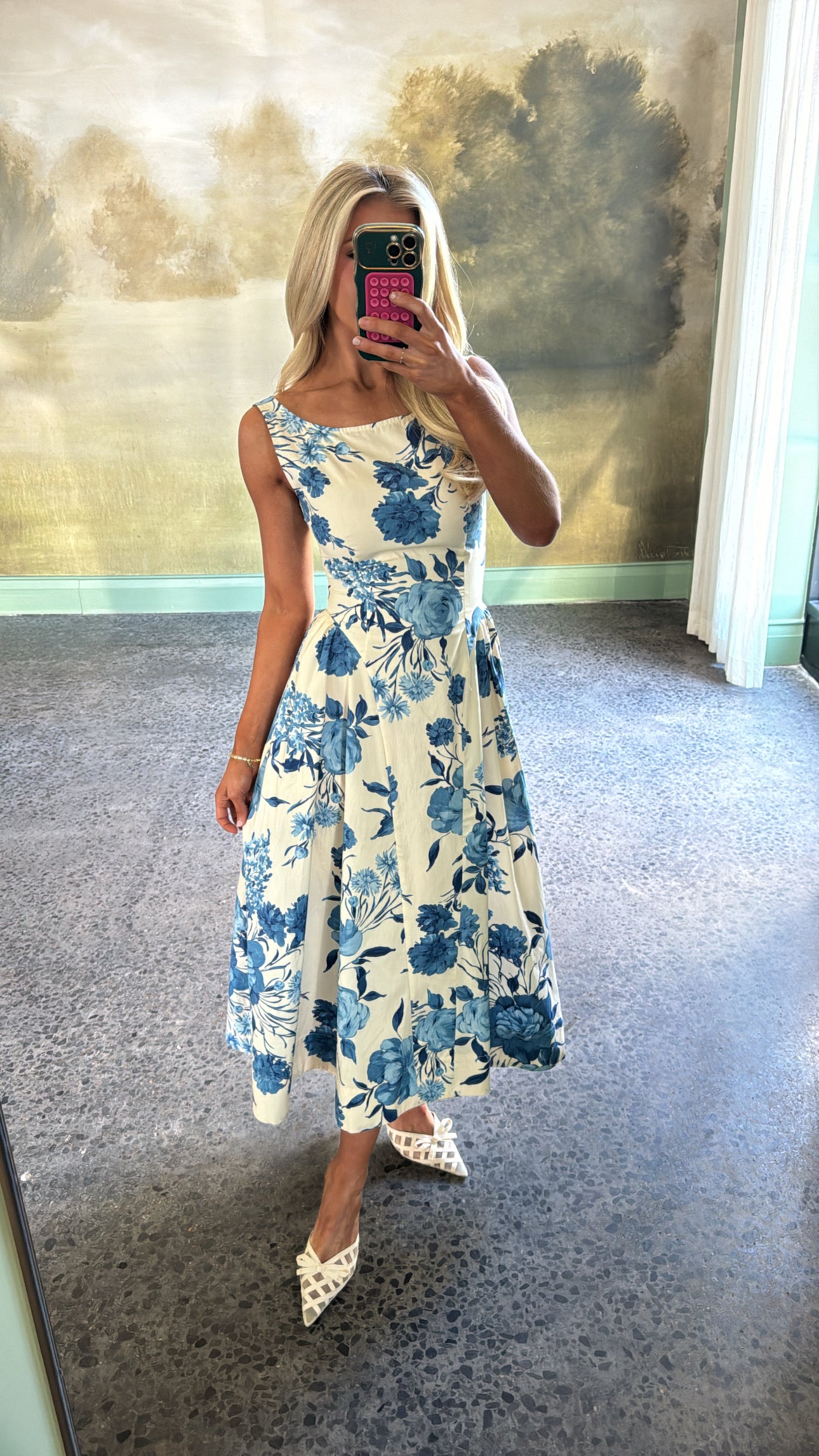 Botanical Sleeveless Midi Dress-Blue
