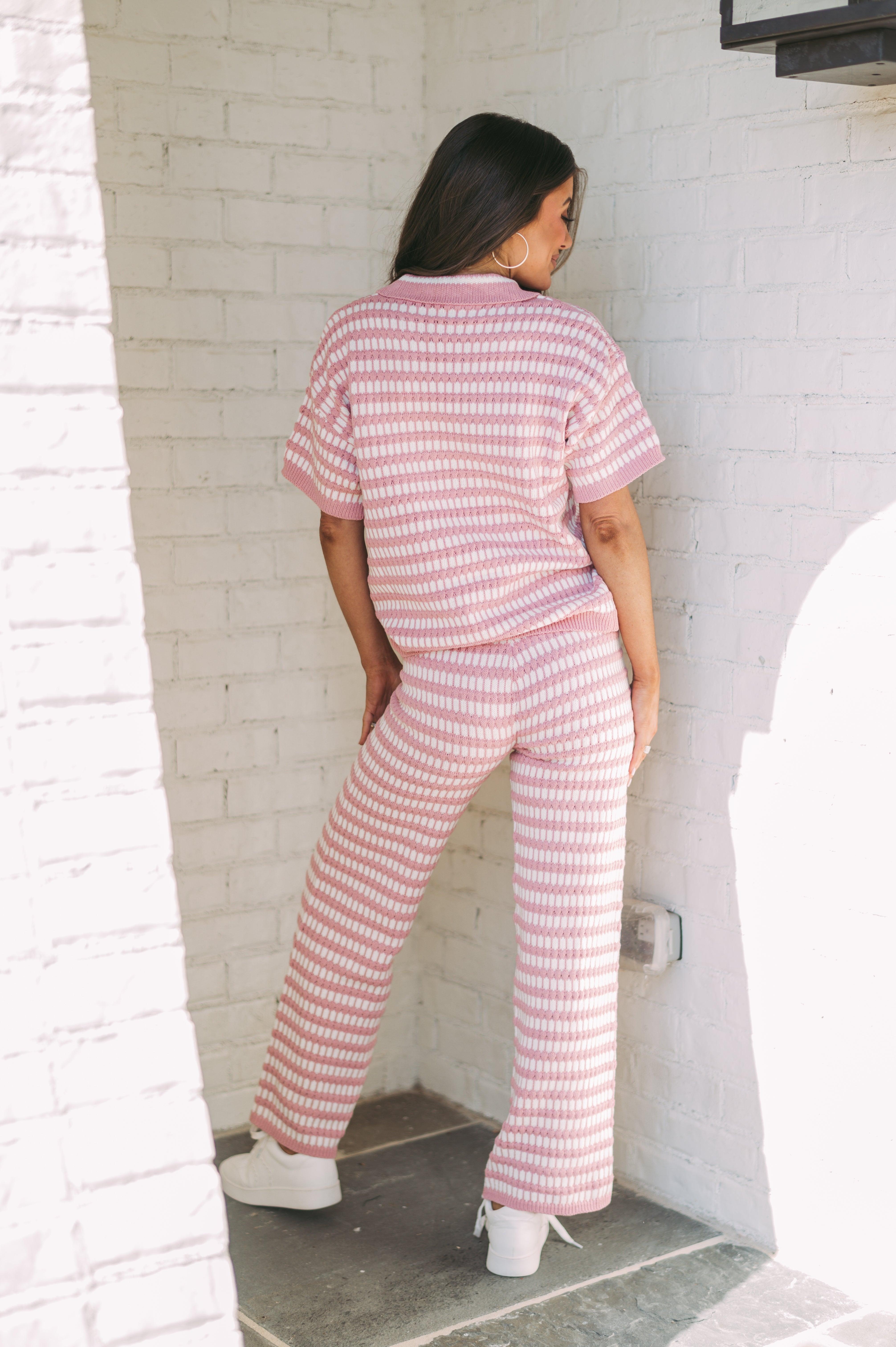 Nelson Textured Pants Set- Pink/White