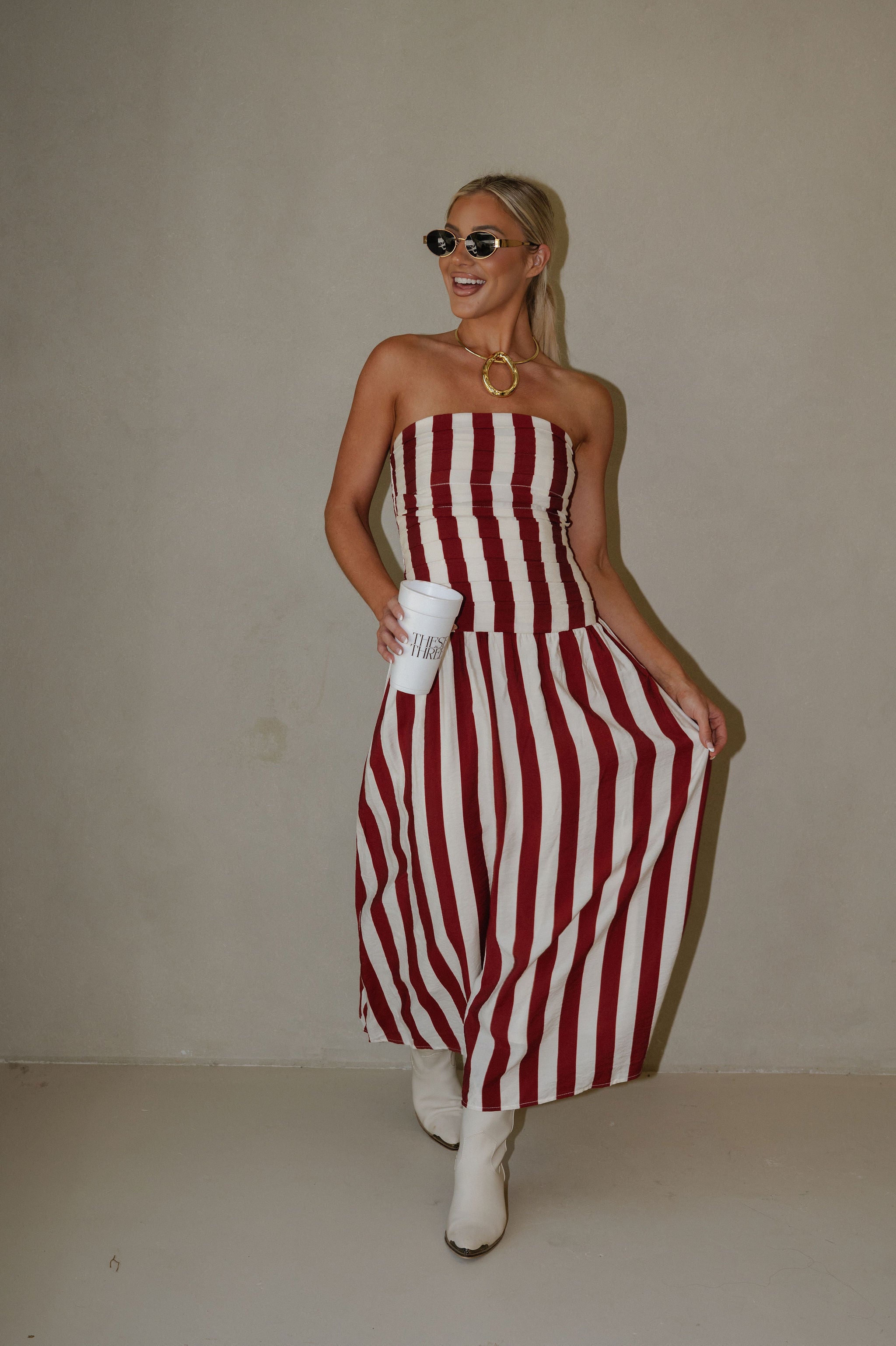 Vertical Stripe Strapless Midi Dress-Red