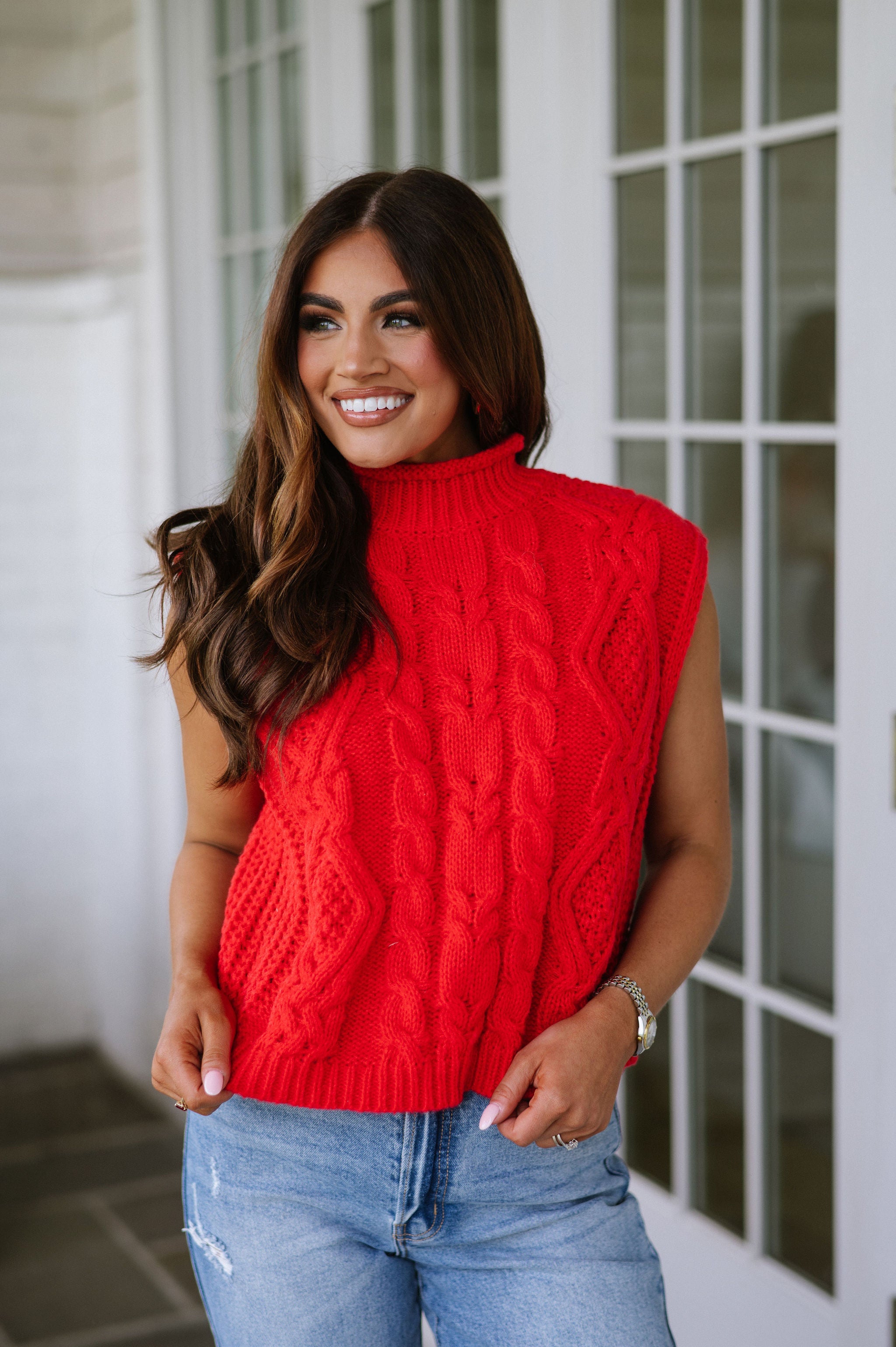 Chunky Cable Knit Turtleneck- Red