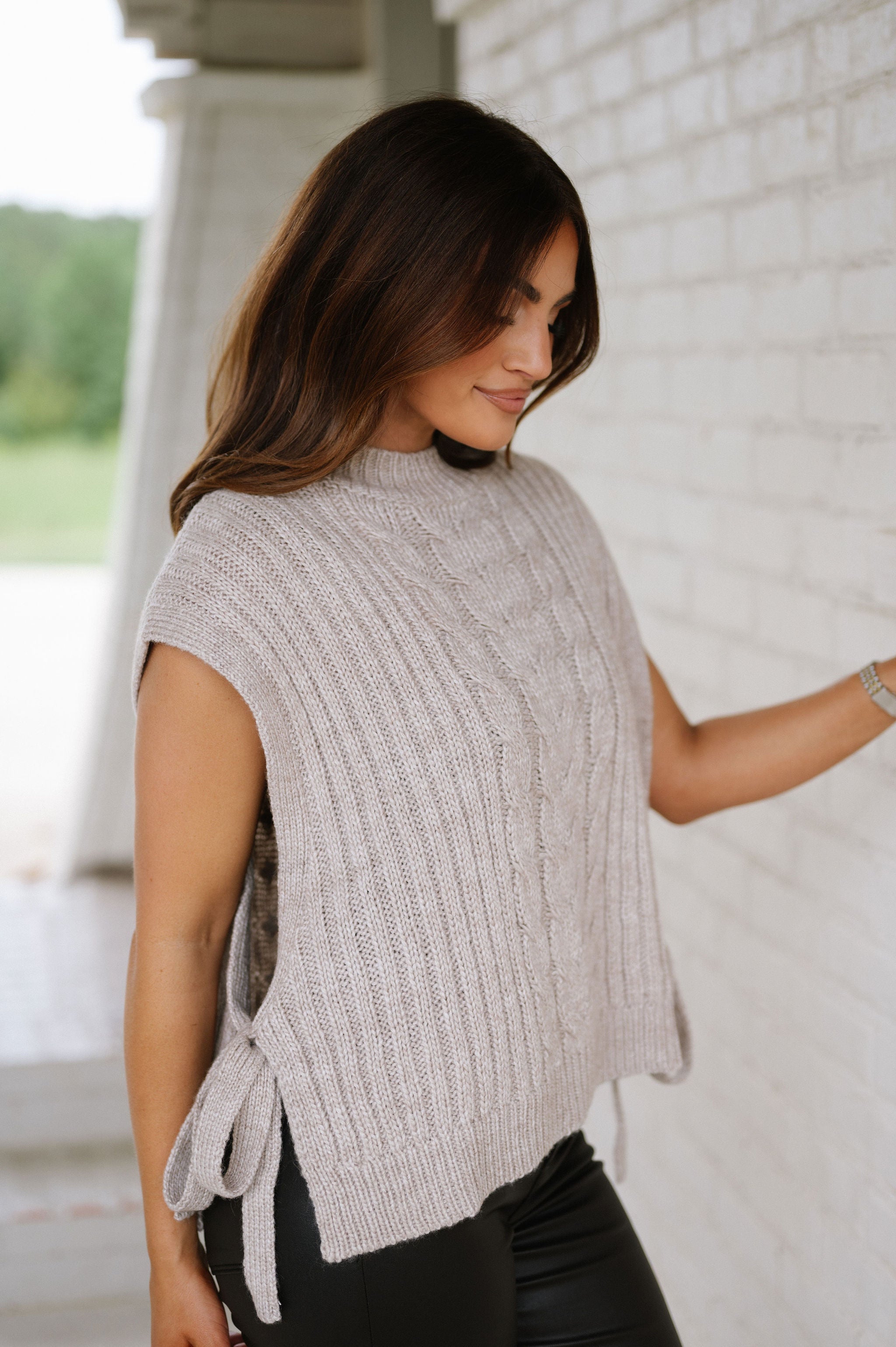 Minimal Side Tie Sweater-Taupe