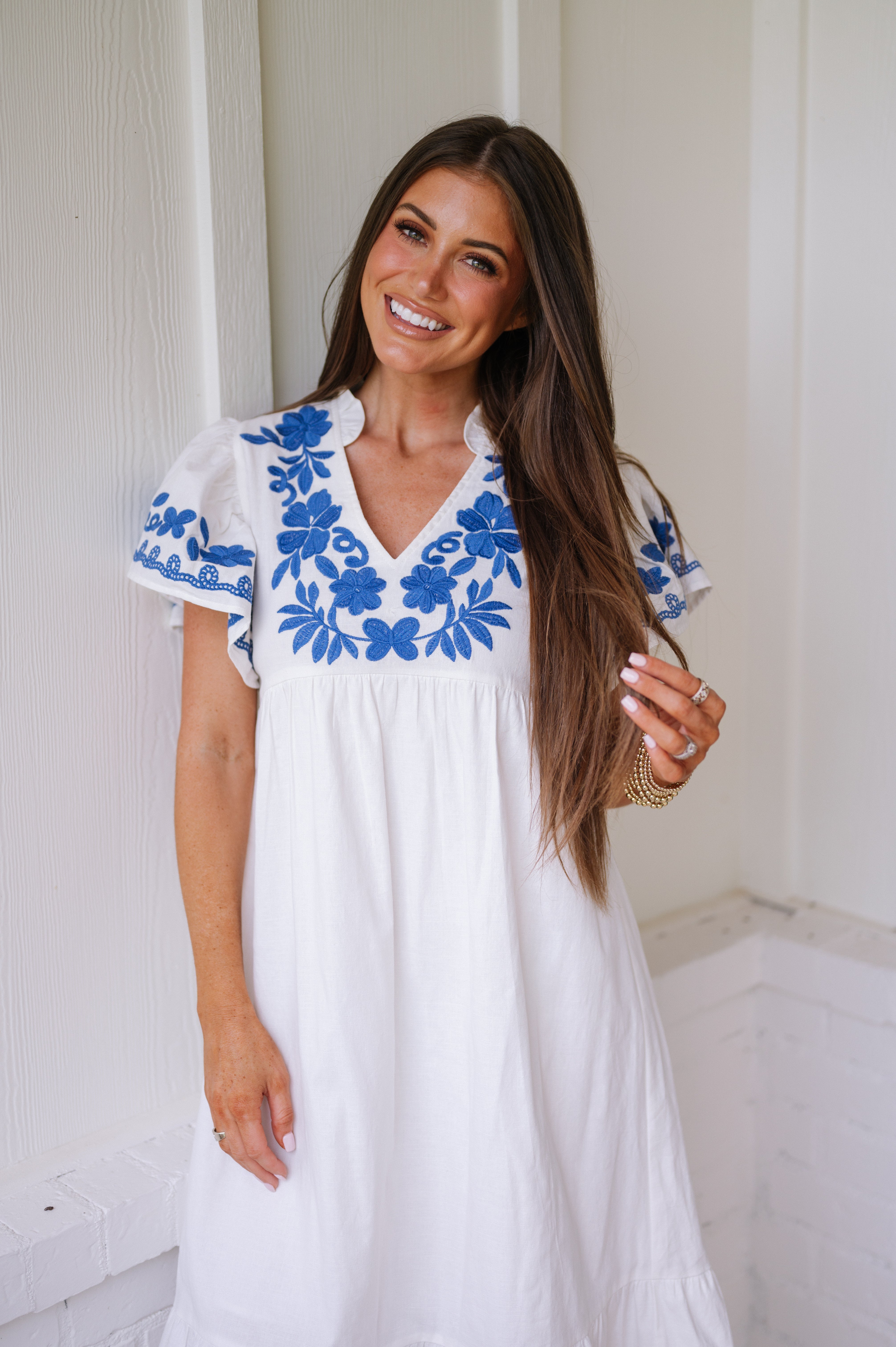 Embroidered V-Neck Dress-White/Blue