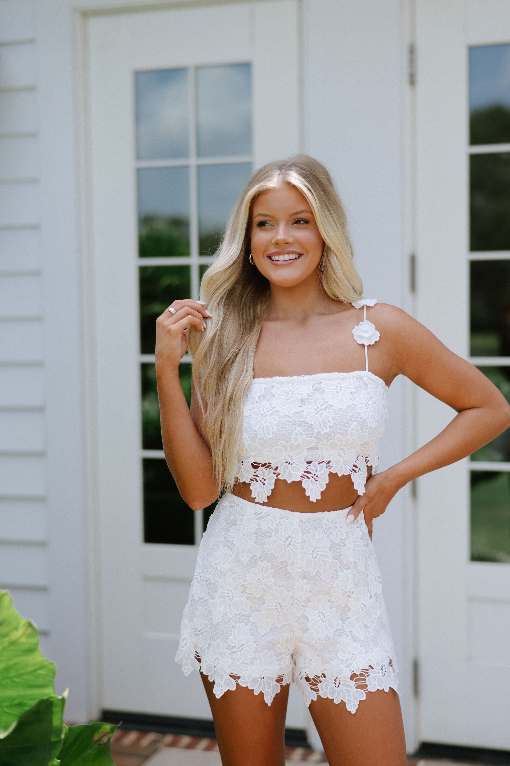 Lace Crochet Shorts Set-Off White