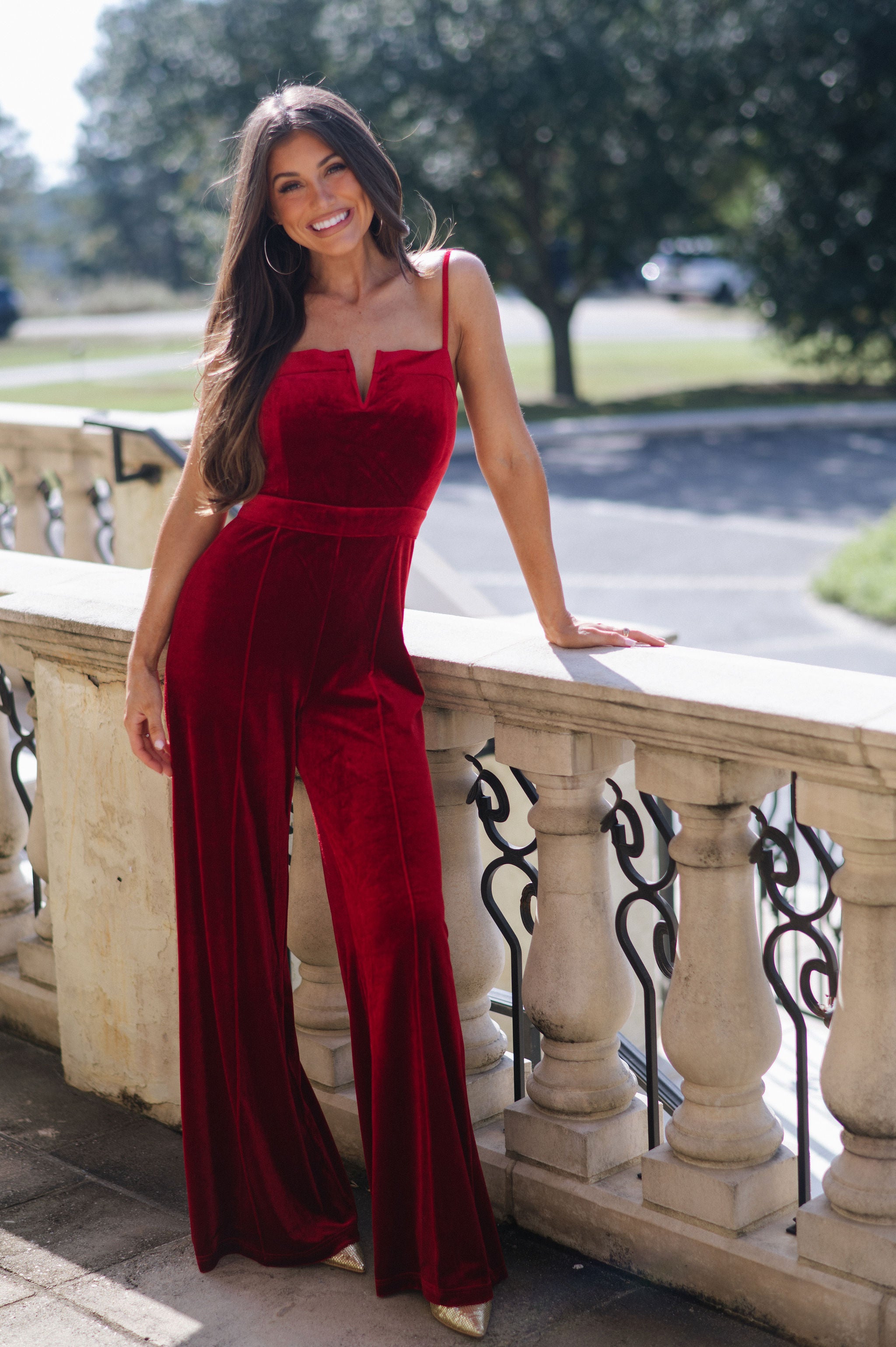 Structured Velvet Jumpsuit-Wine