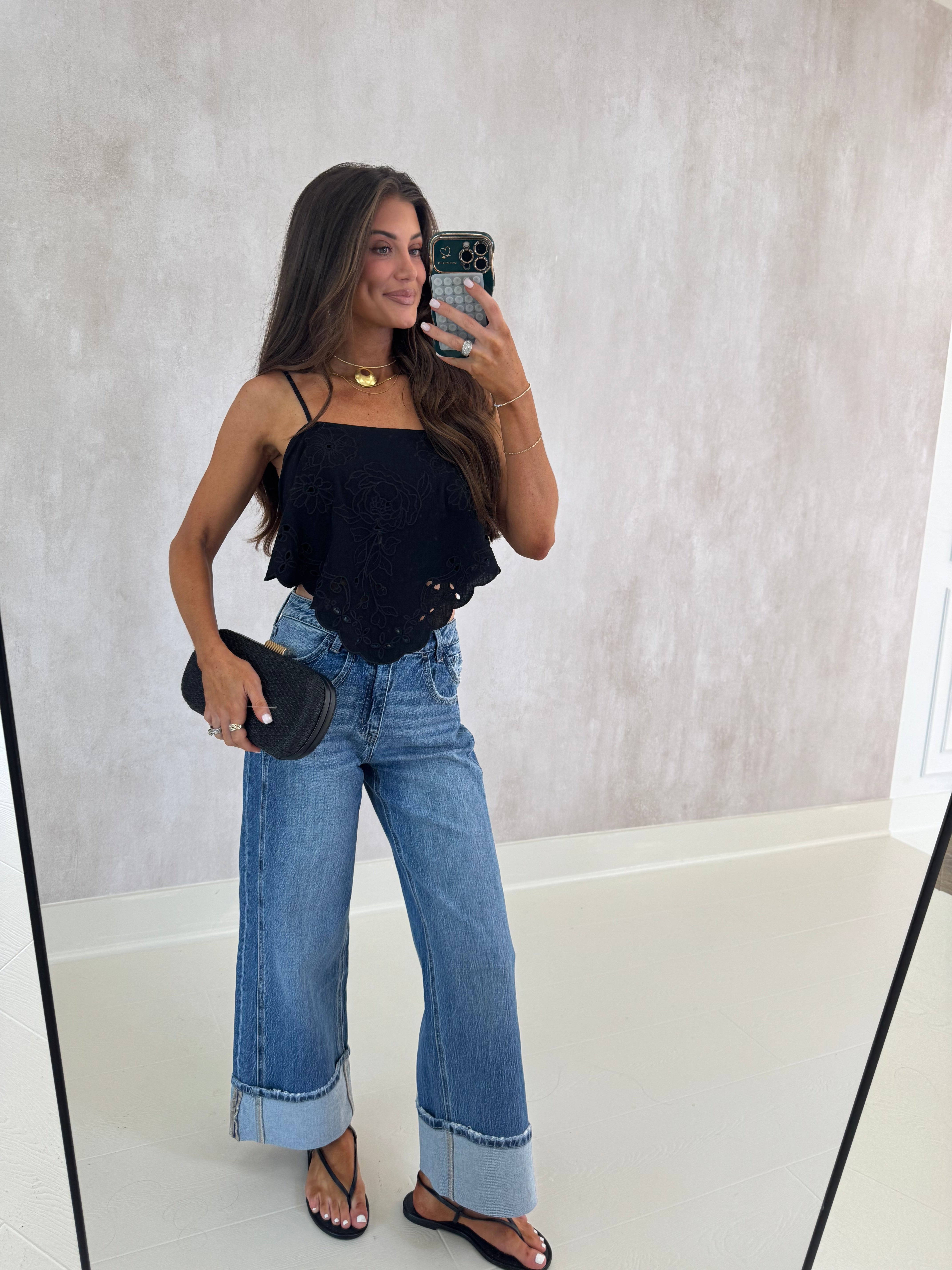 Scalloped Eyelet Cami Top- Black