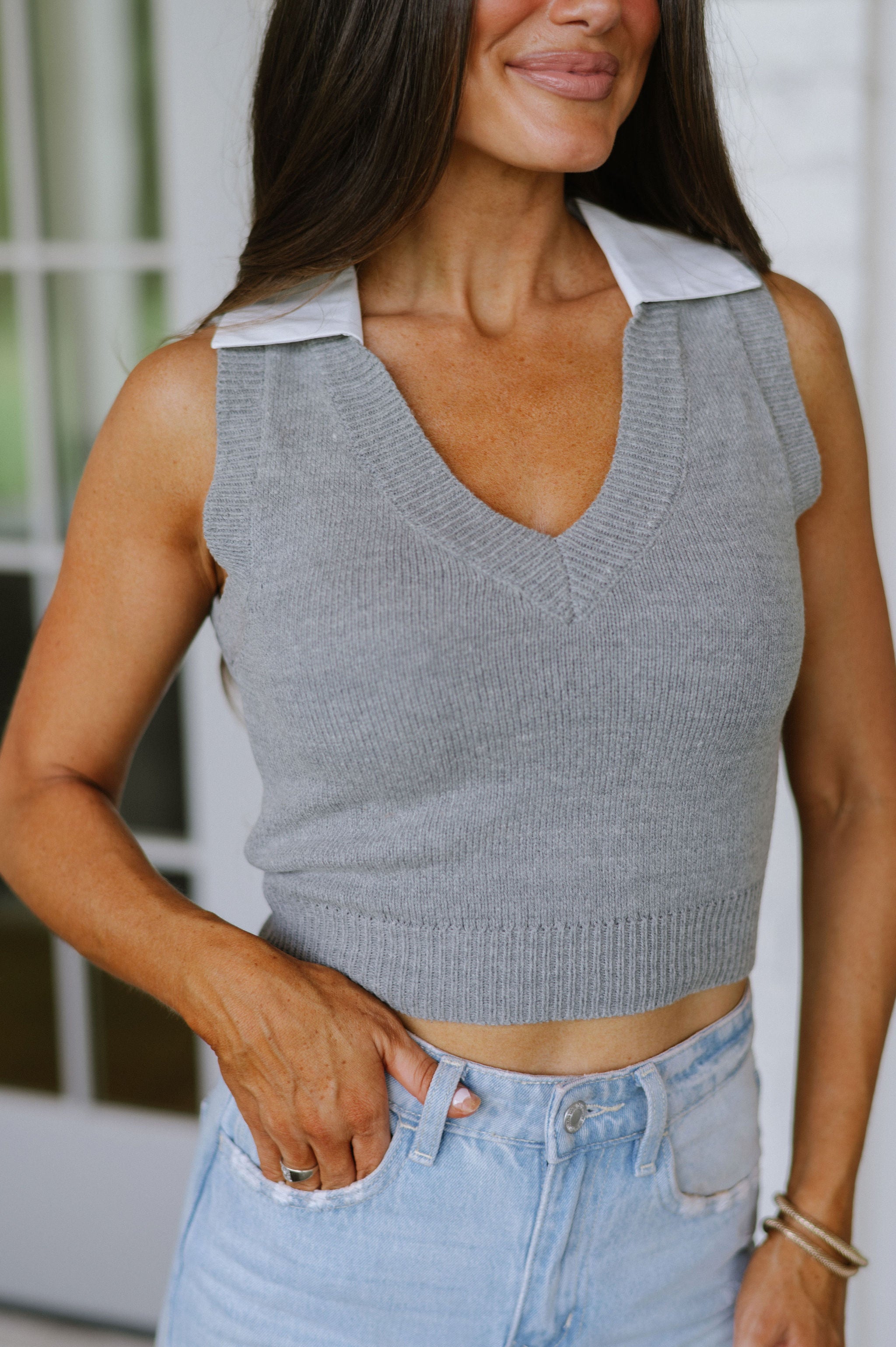 Cropped Sweater Vest- Heather Grey