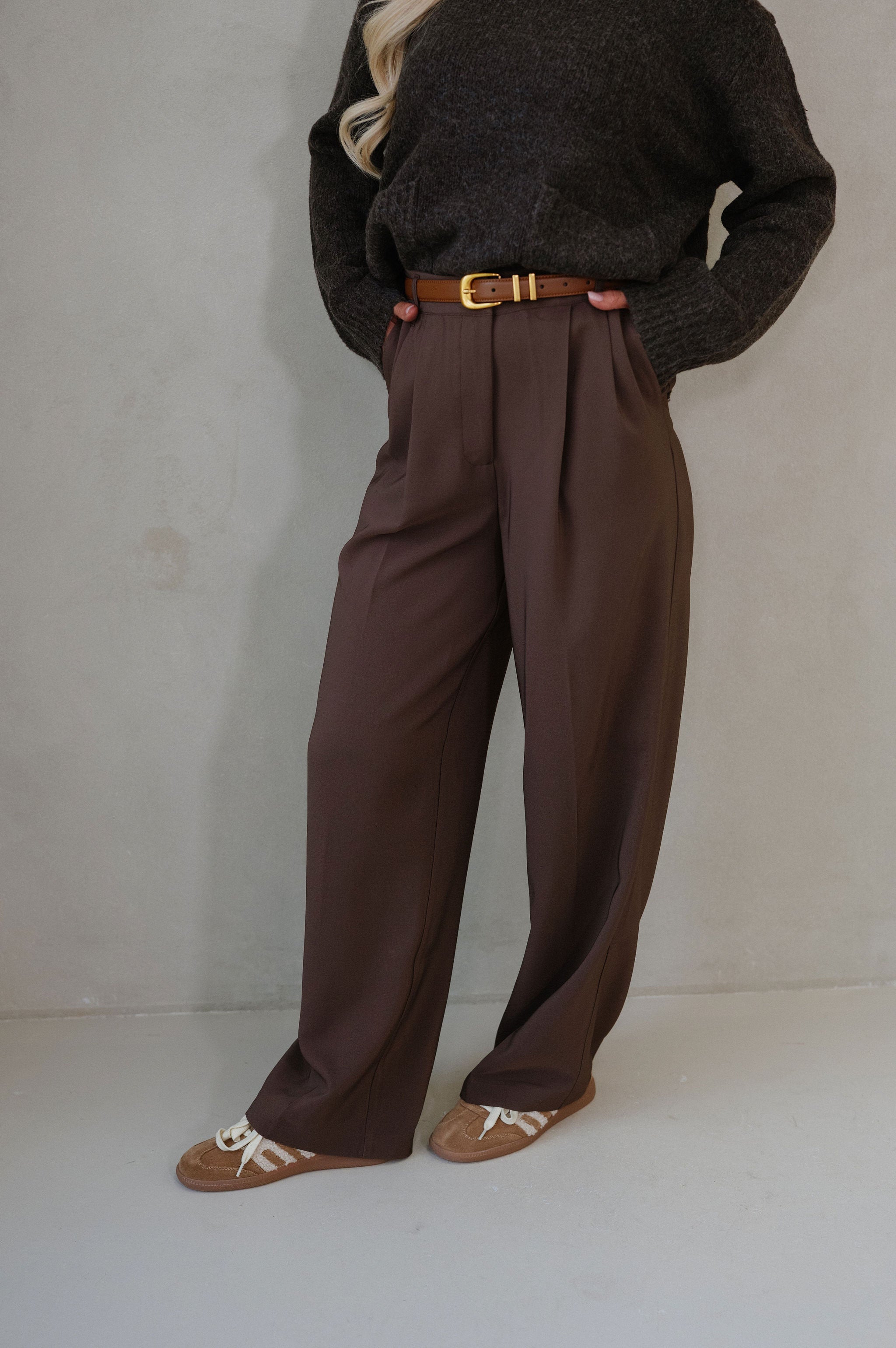 High Waisted Pleated Pant-Brown