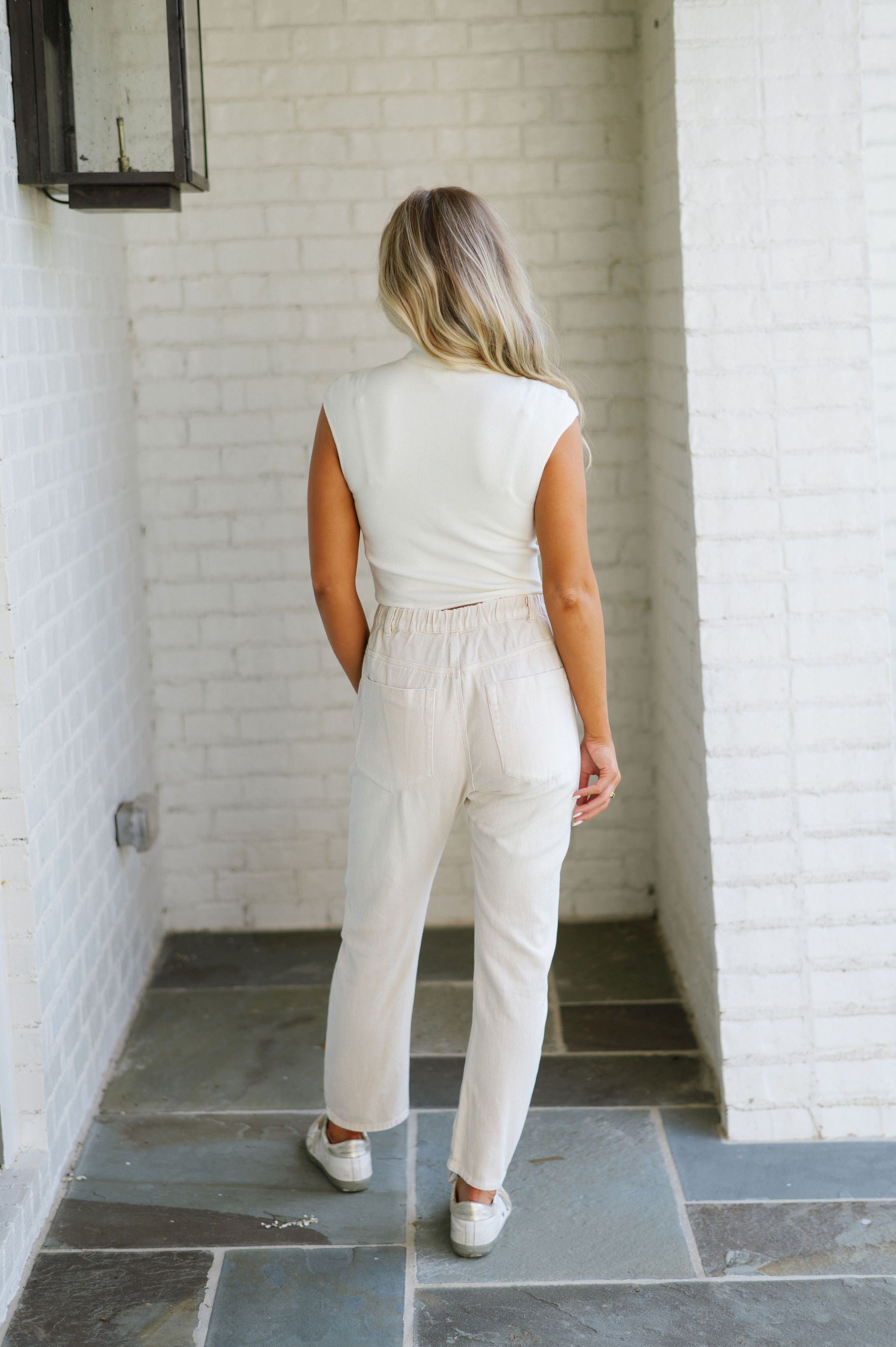 Boone Front Tie Denim Pants- Cream