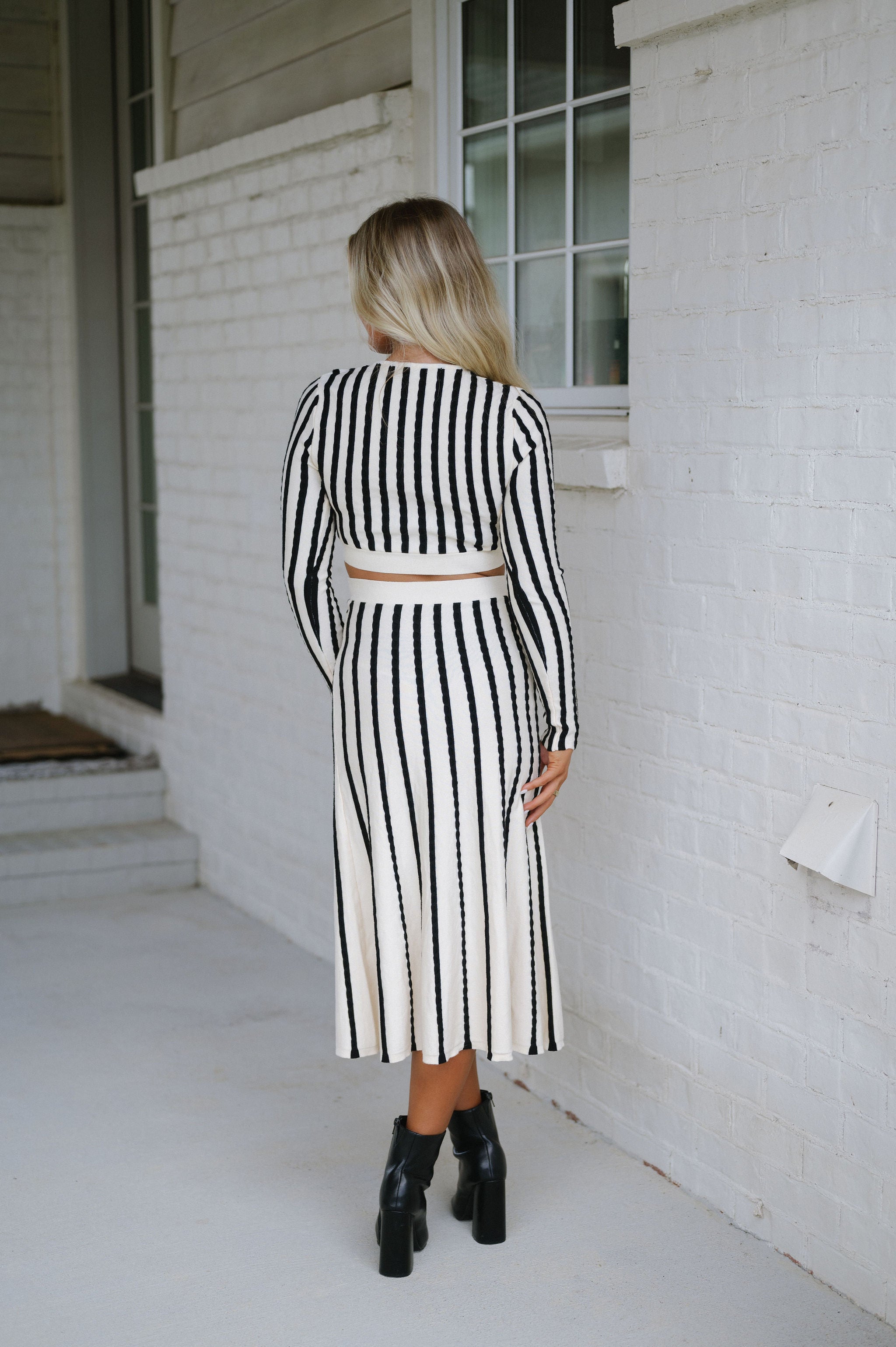 Striped Cut Out Midi Dress-Cream/Black