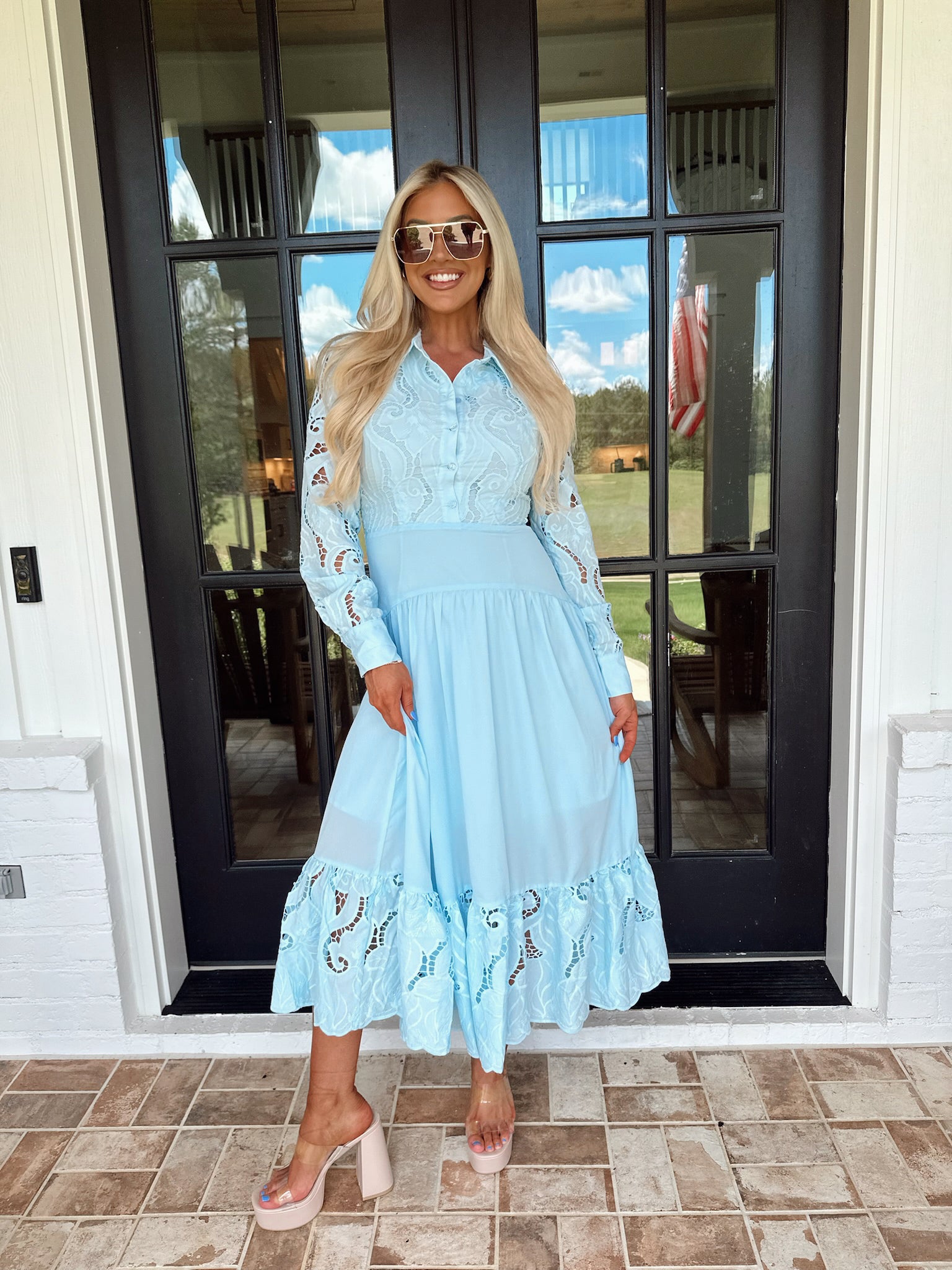 Woven Lace Tiered Ruffle Dress-Light Blue