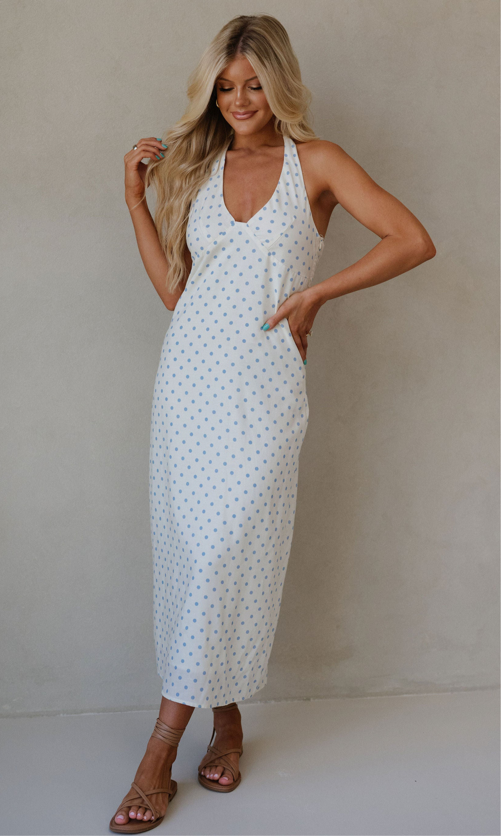 Polka Dot Halter Neck Dress-Ivory/Blue