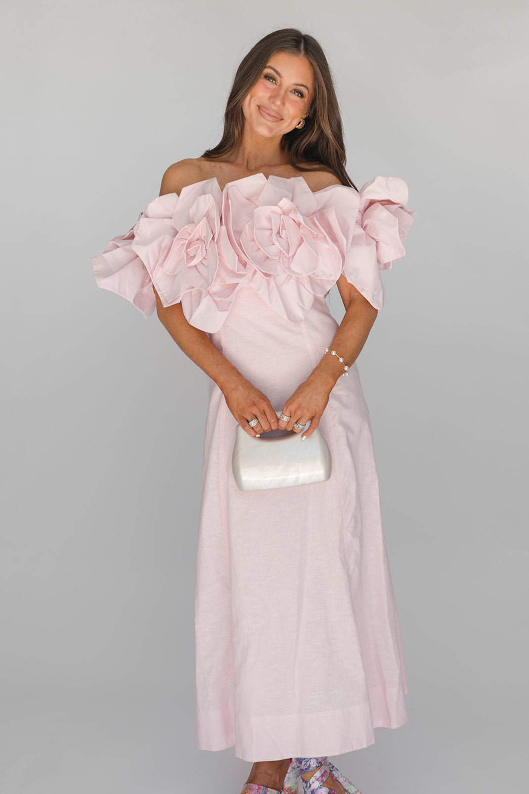 Off the Shoulder Statement Midi Dress-Pink