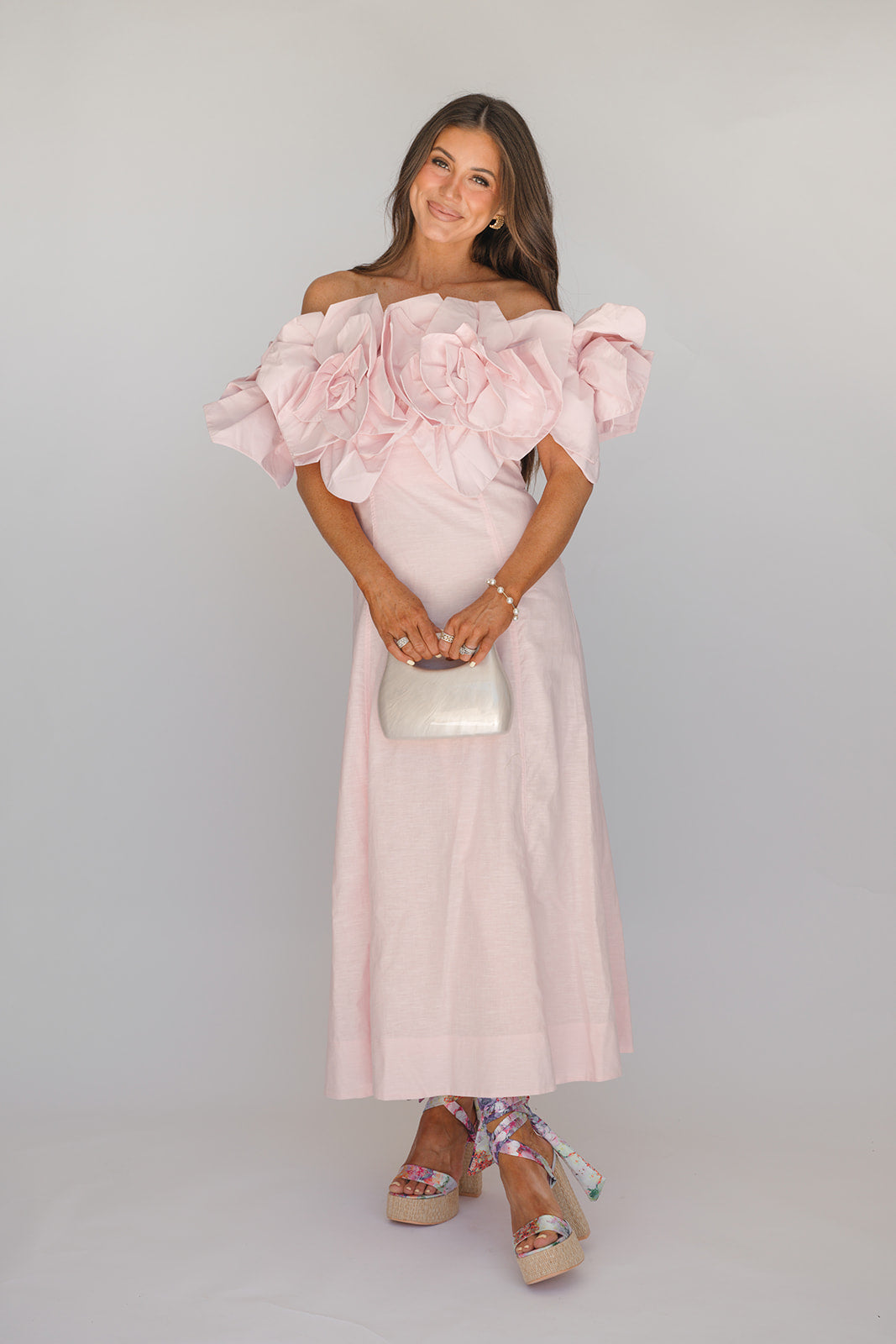 Off the Shoulder Statement Midi Dress-Pink