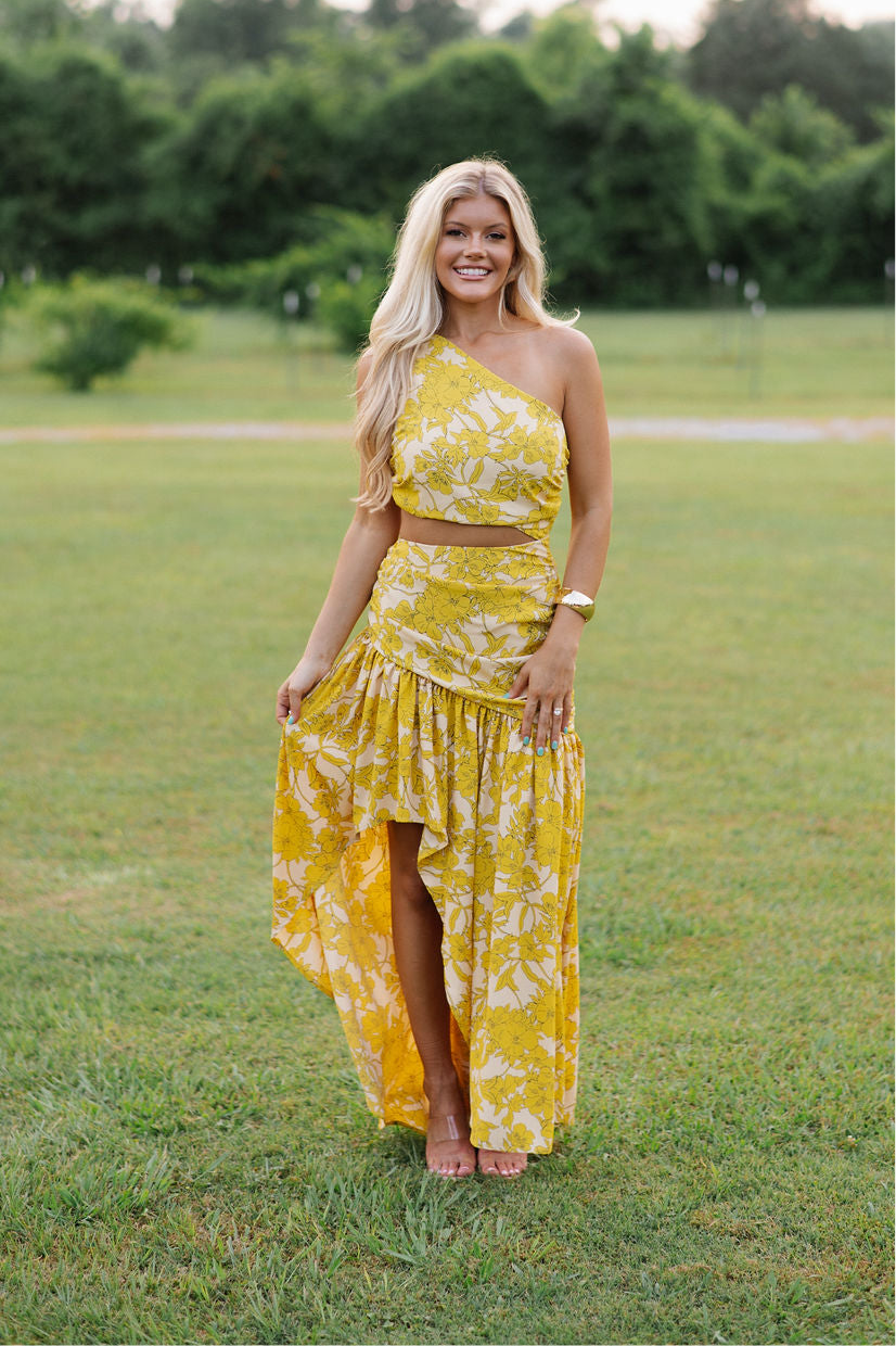 One Shoulder Maxi Dress-Yellow Multi