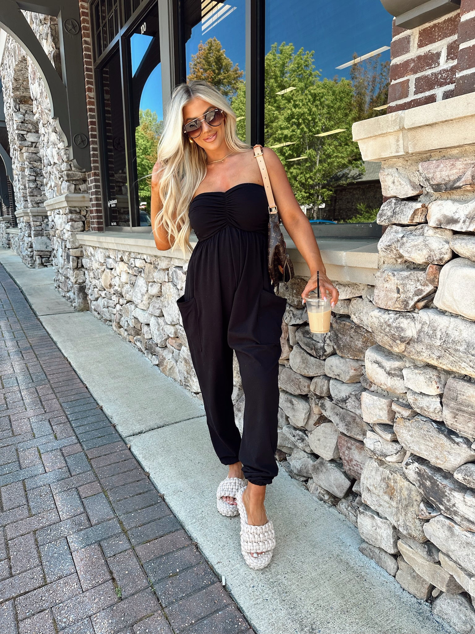 Strapless Ruched Baggy Jumpsuit-Black