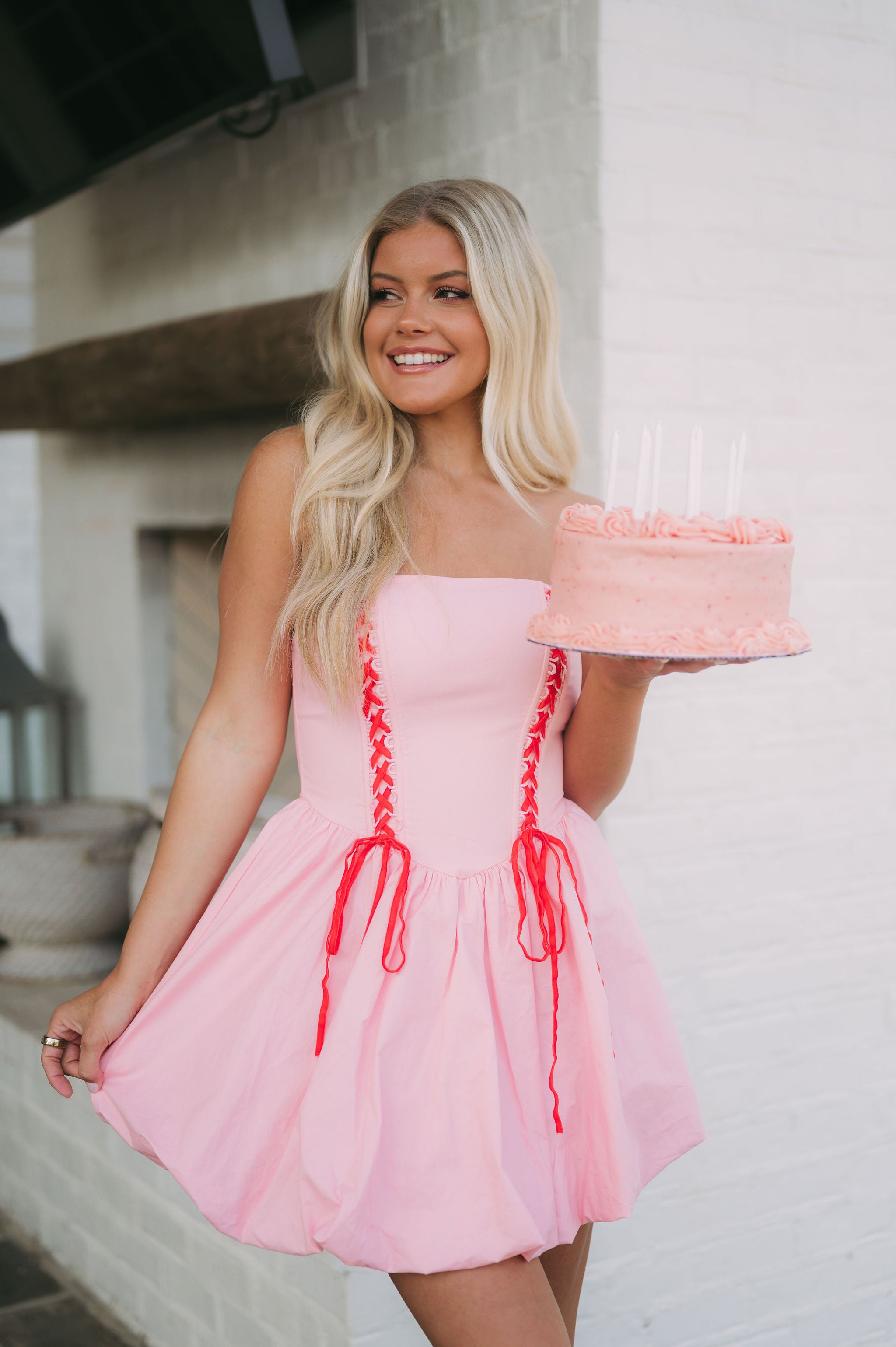 Lace Up Strapless Bubble Dress- Pink