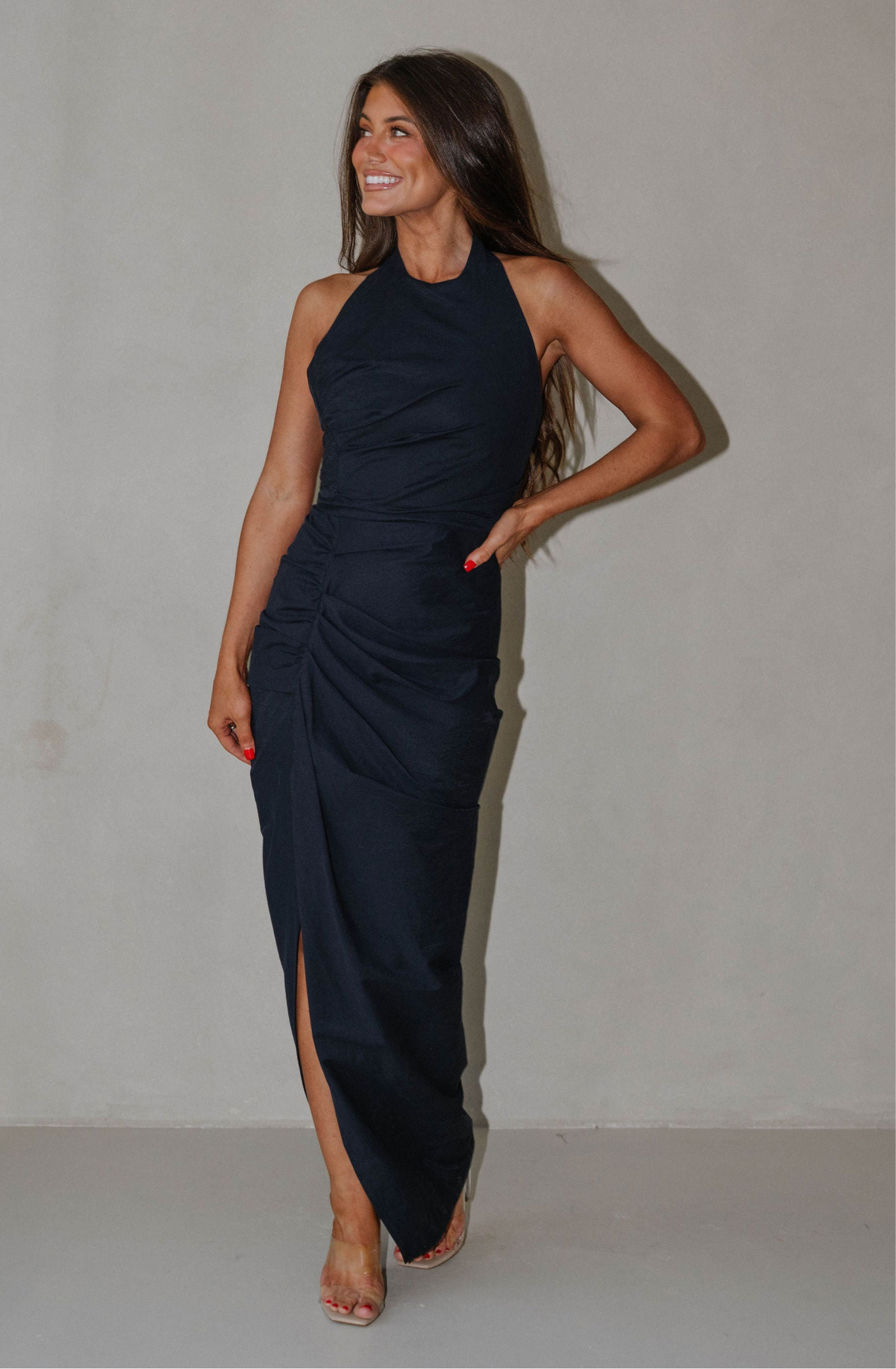 Sophia Ruched Maxi Dress-Navy