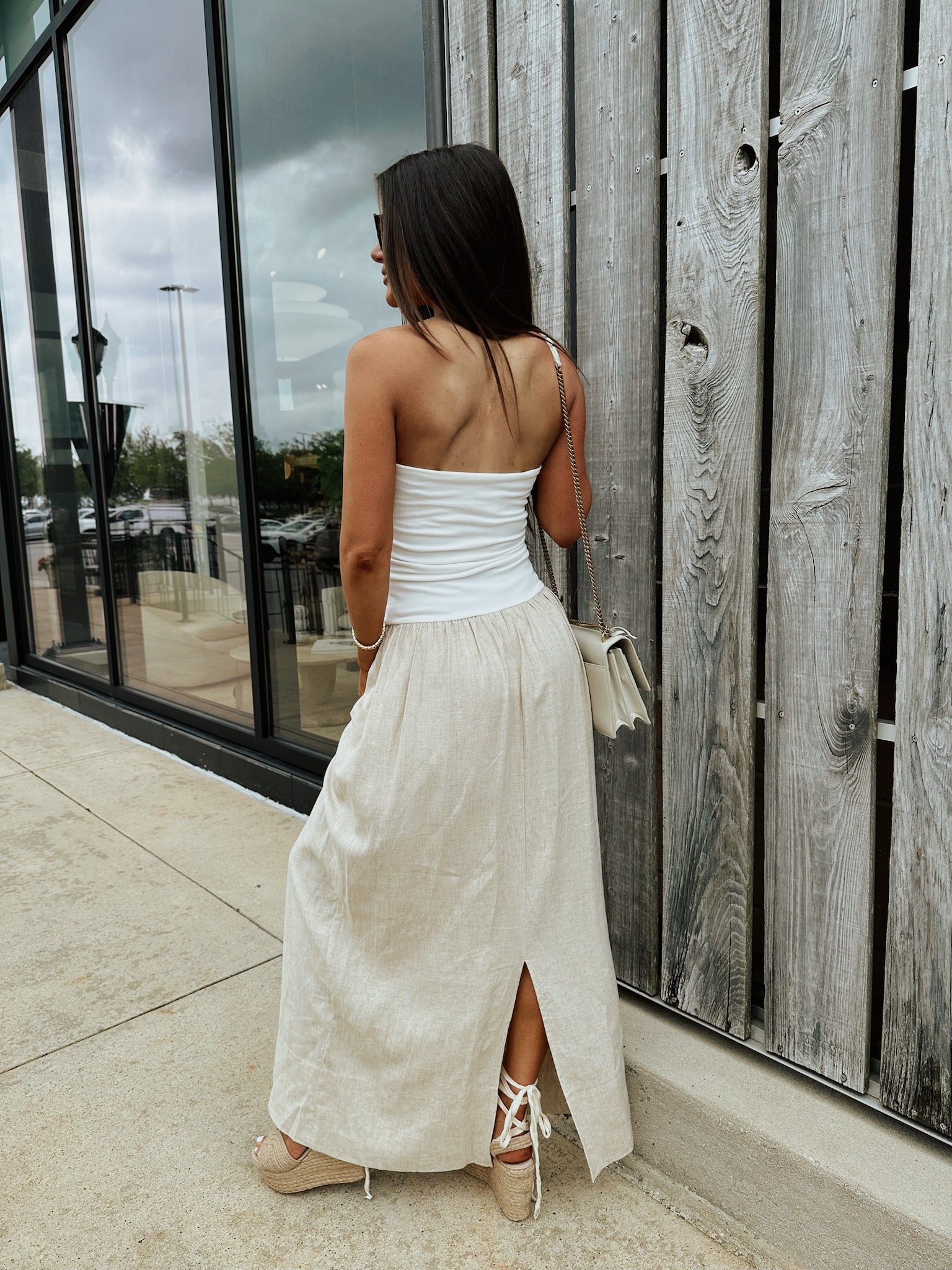 Linen Contrast Maxi Dress-White/Oatmeal