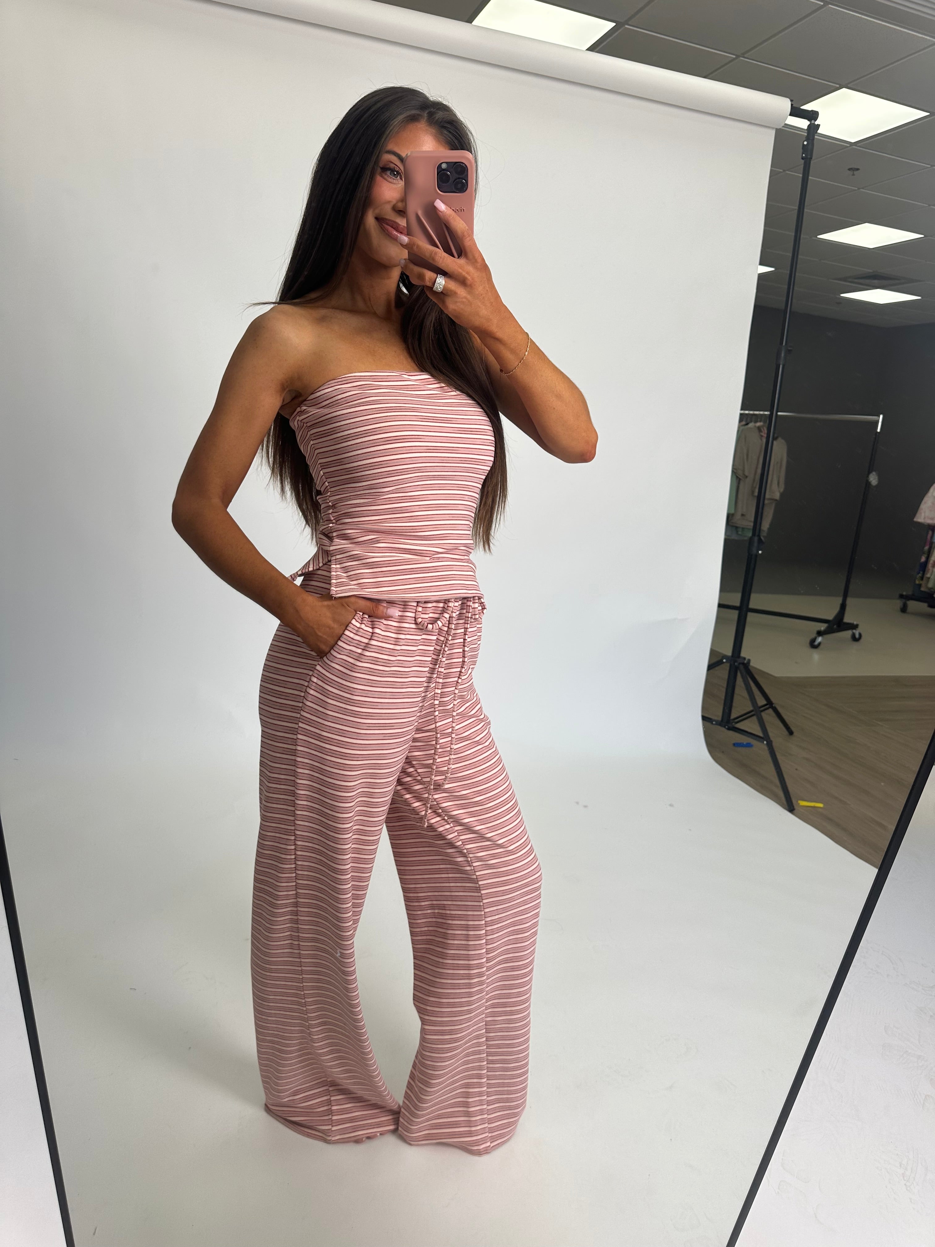 Brushed Striped Pants Set-Strawberry