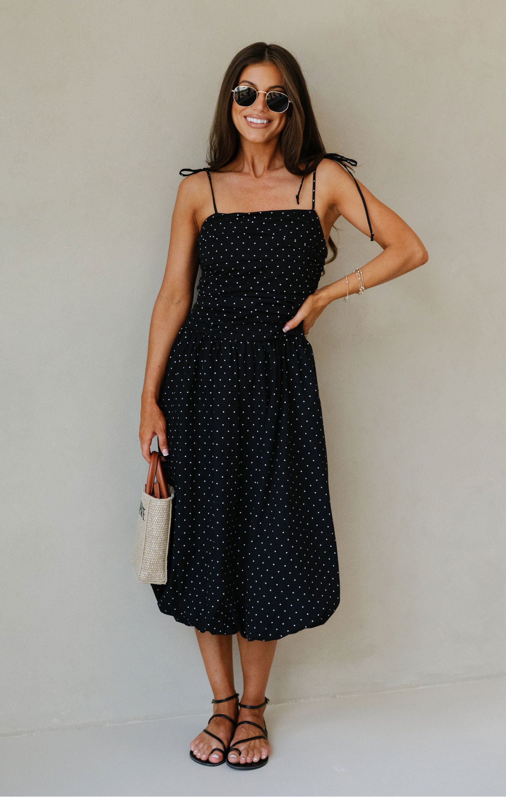 Polka Dot Bubble Hem Dress-Black/White