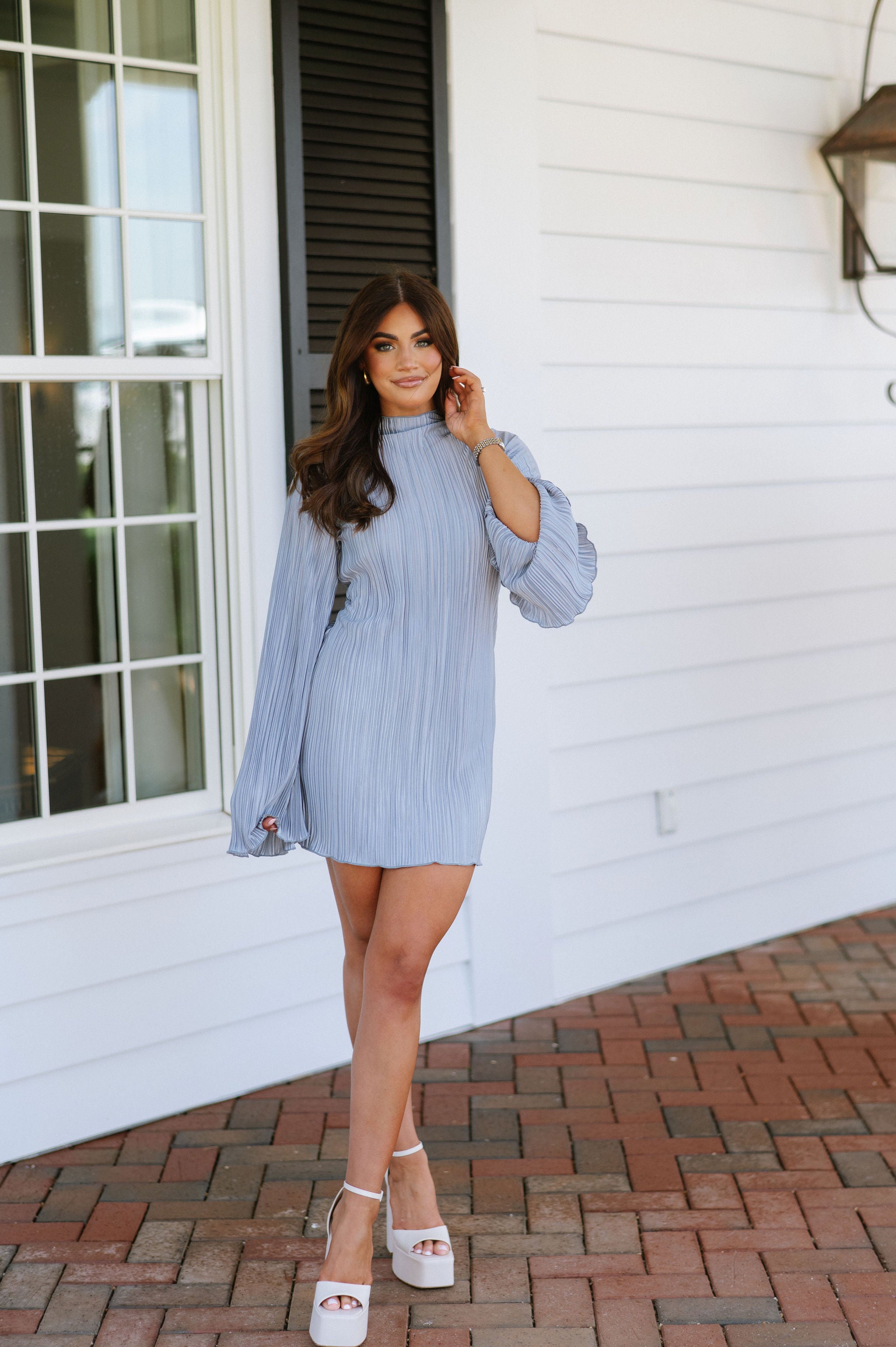 Mock Neck Pleated Mini Dress-Slate Blue