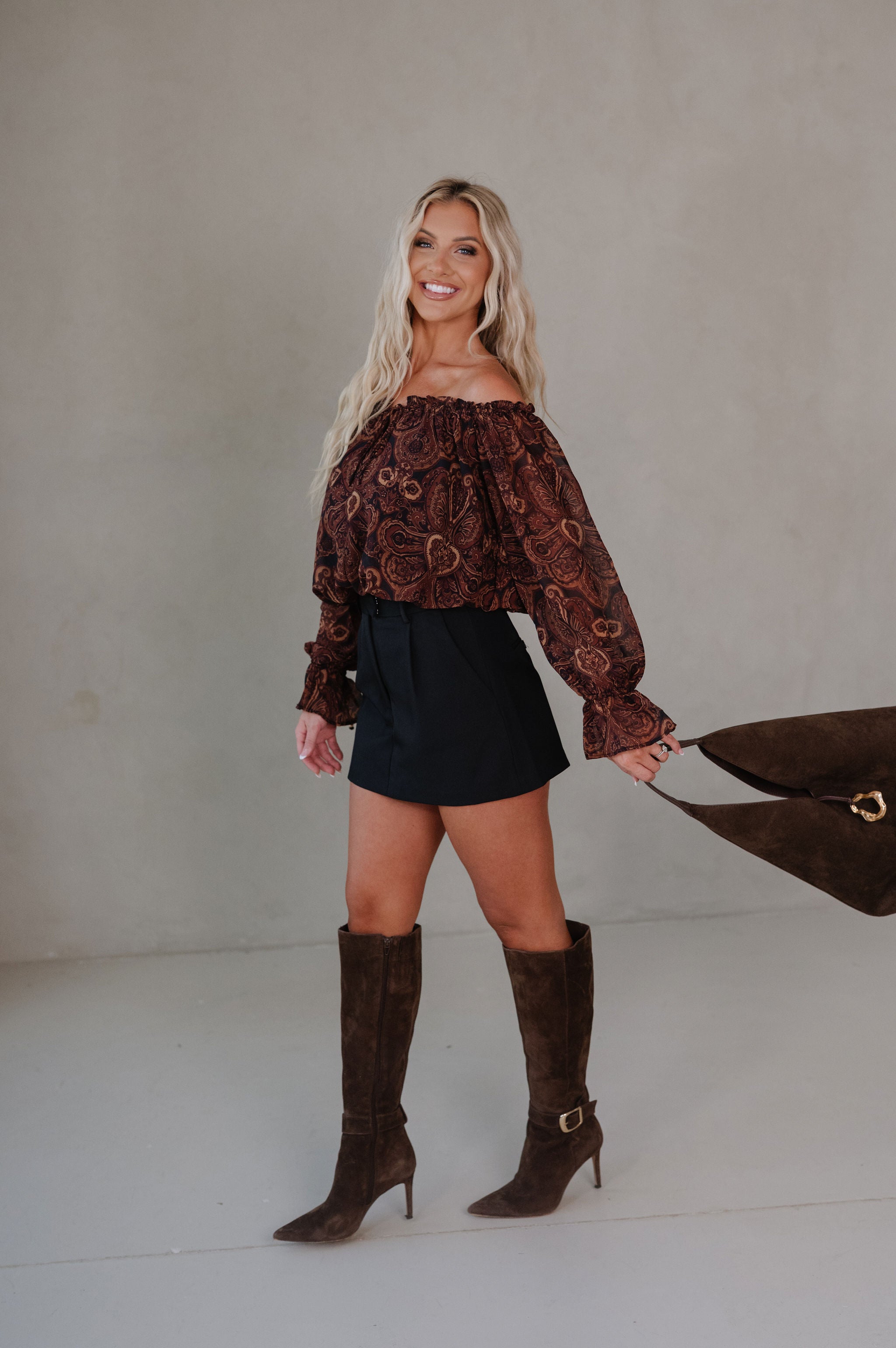Halle Ruffle Top- Brown Multi