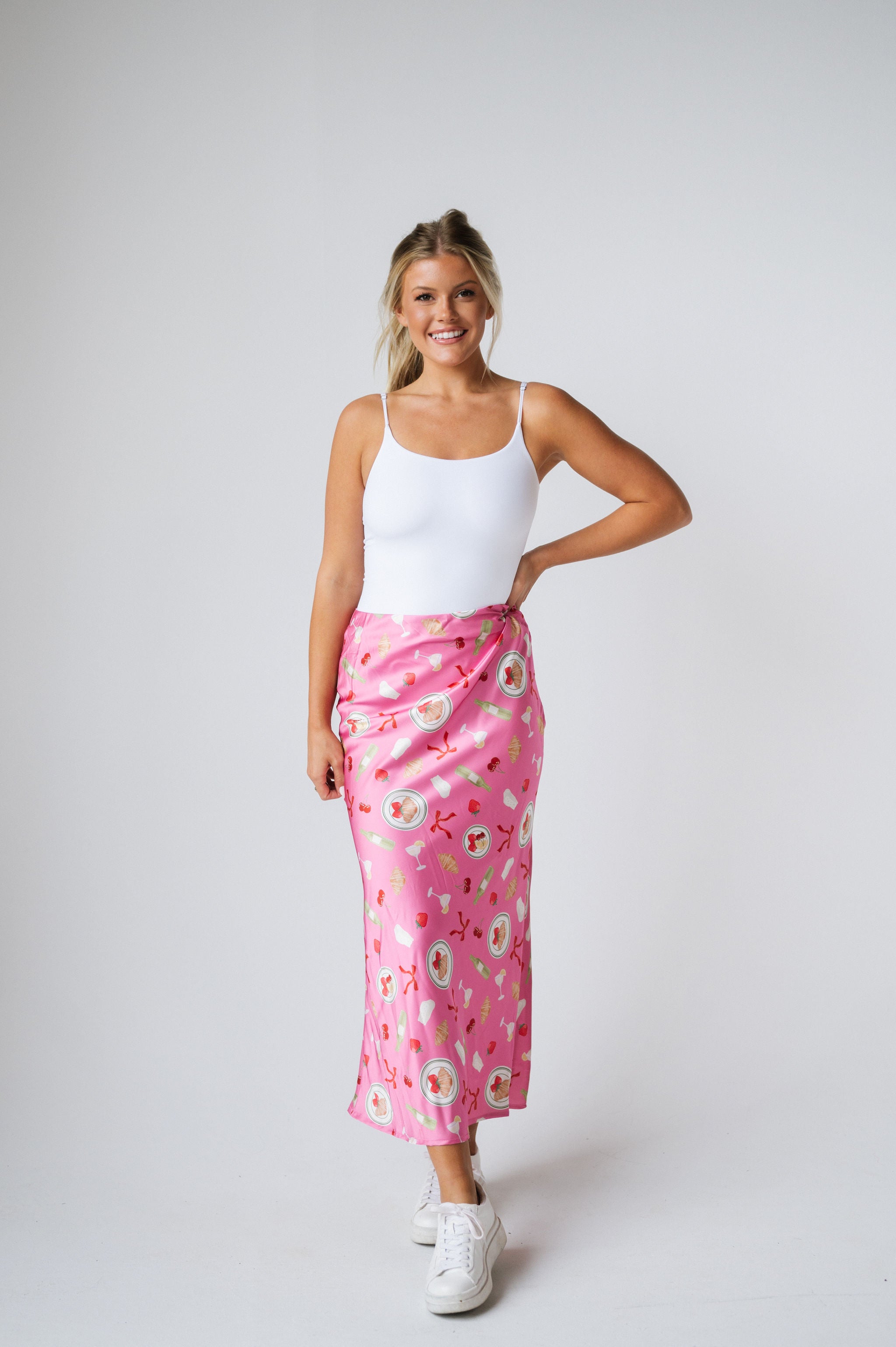 Mid Rise Satin Midi Skirt- Pink