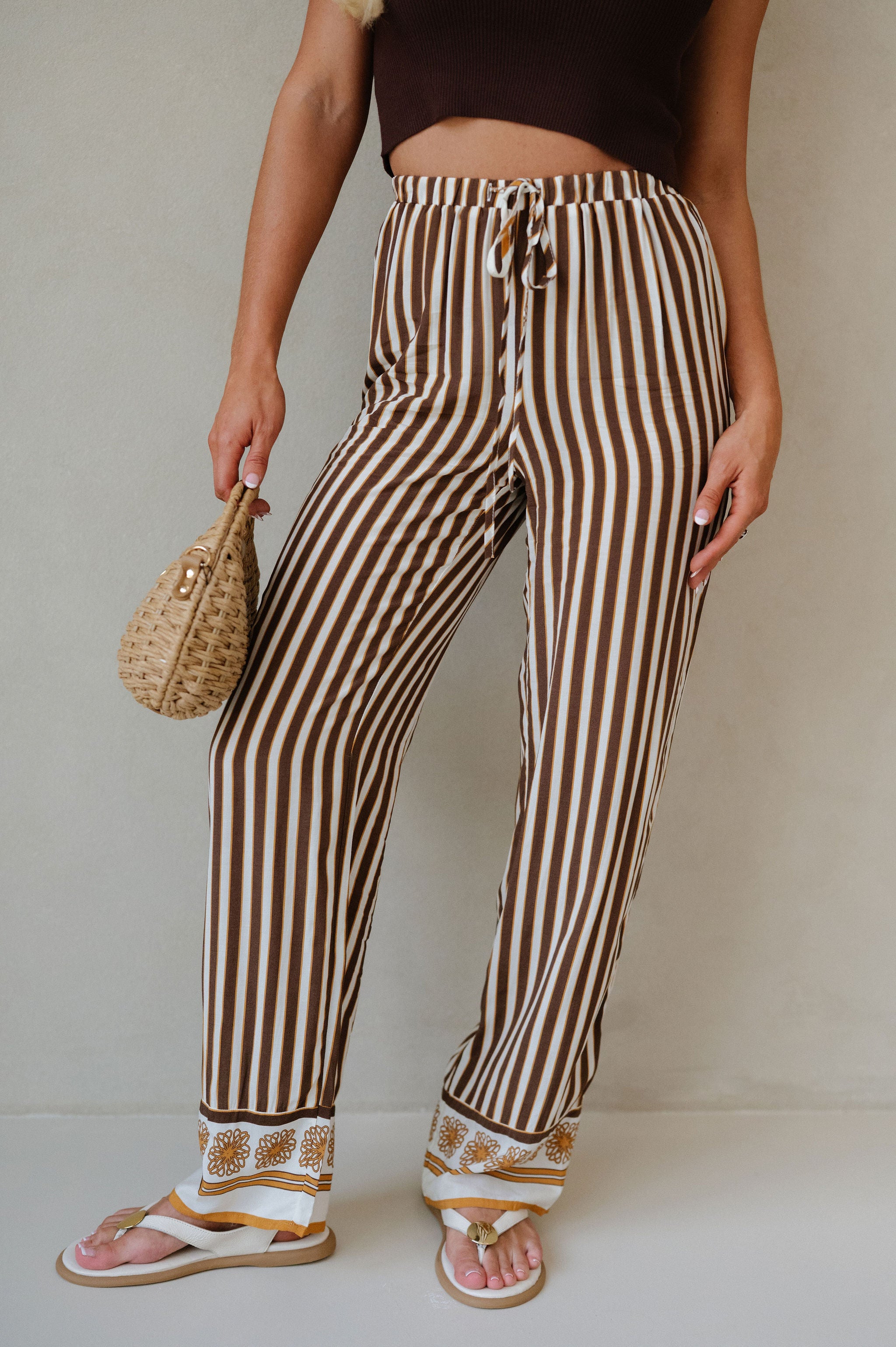 Faith Stripe Pants-Cream/Brown