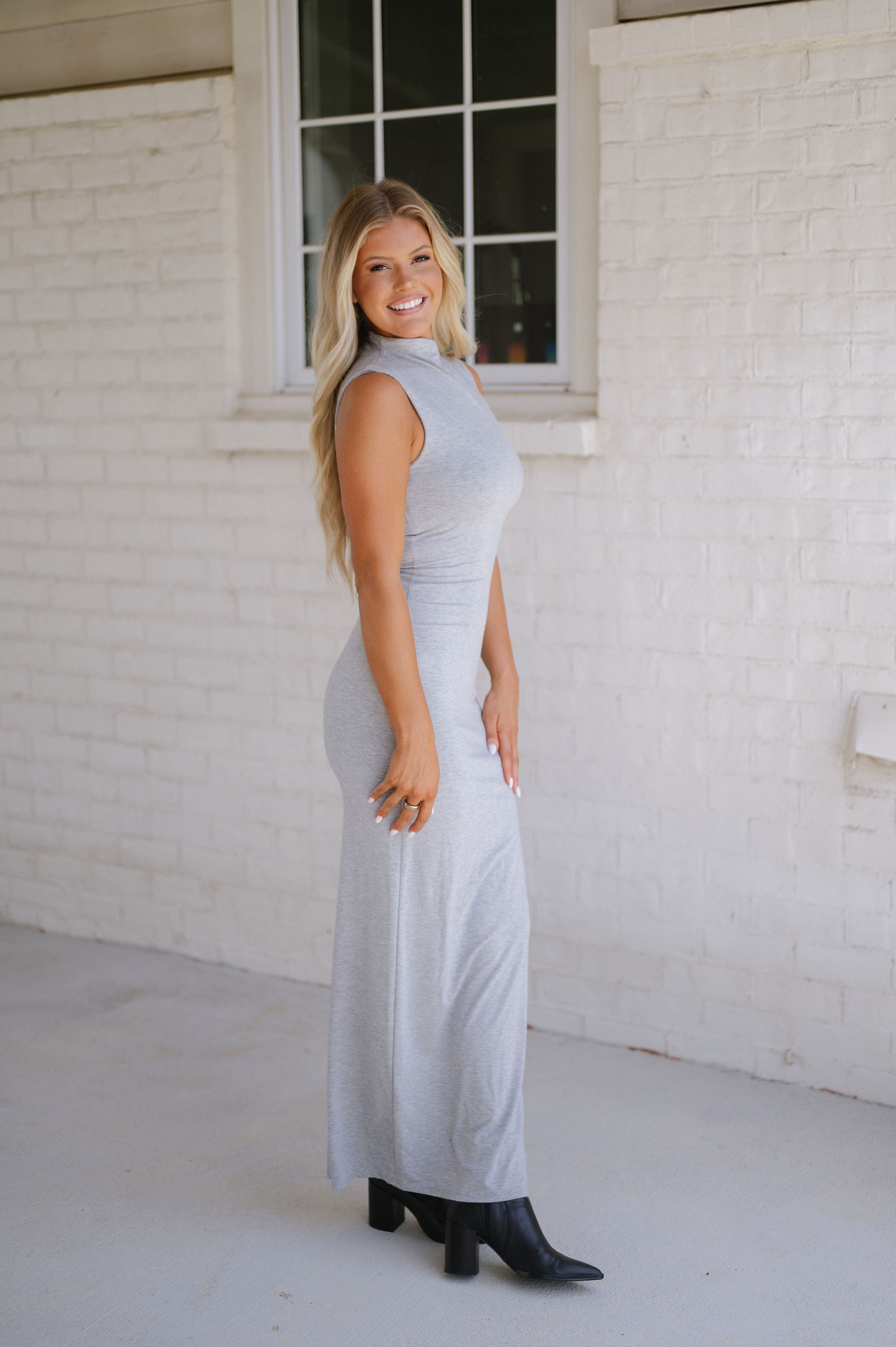 Sleeveless Side Slit Maxi Dress- Heather Grey