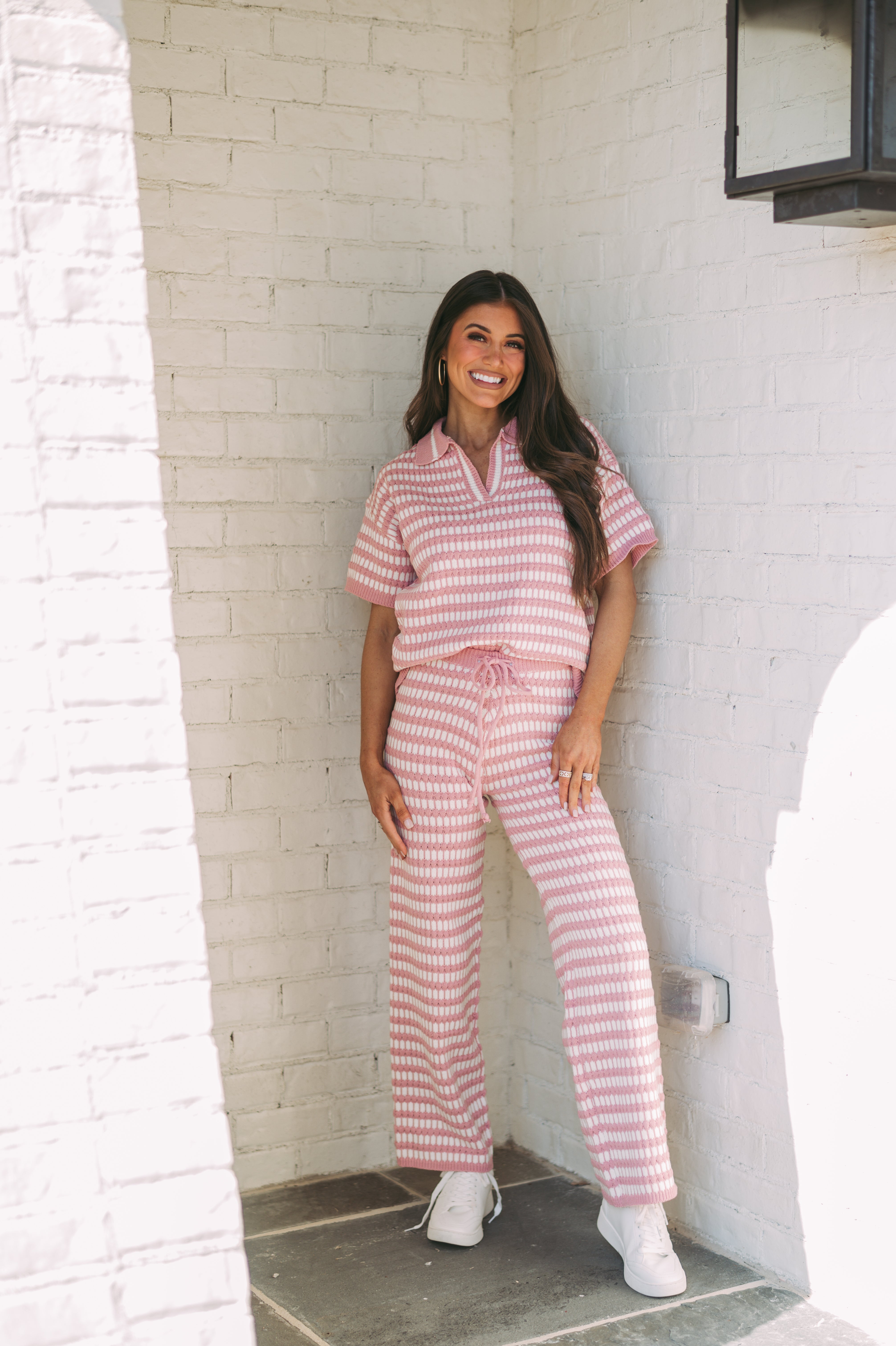 Nelson Textured Pants Set- Pink/White