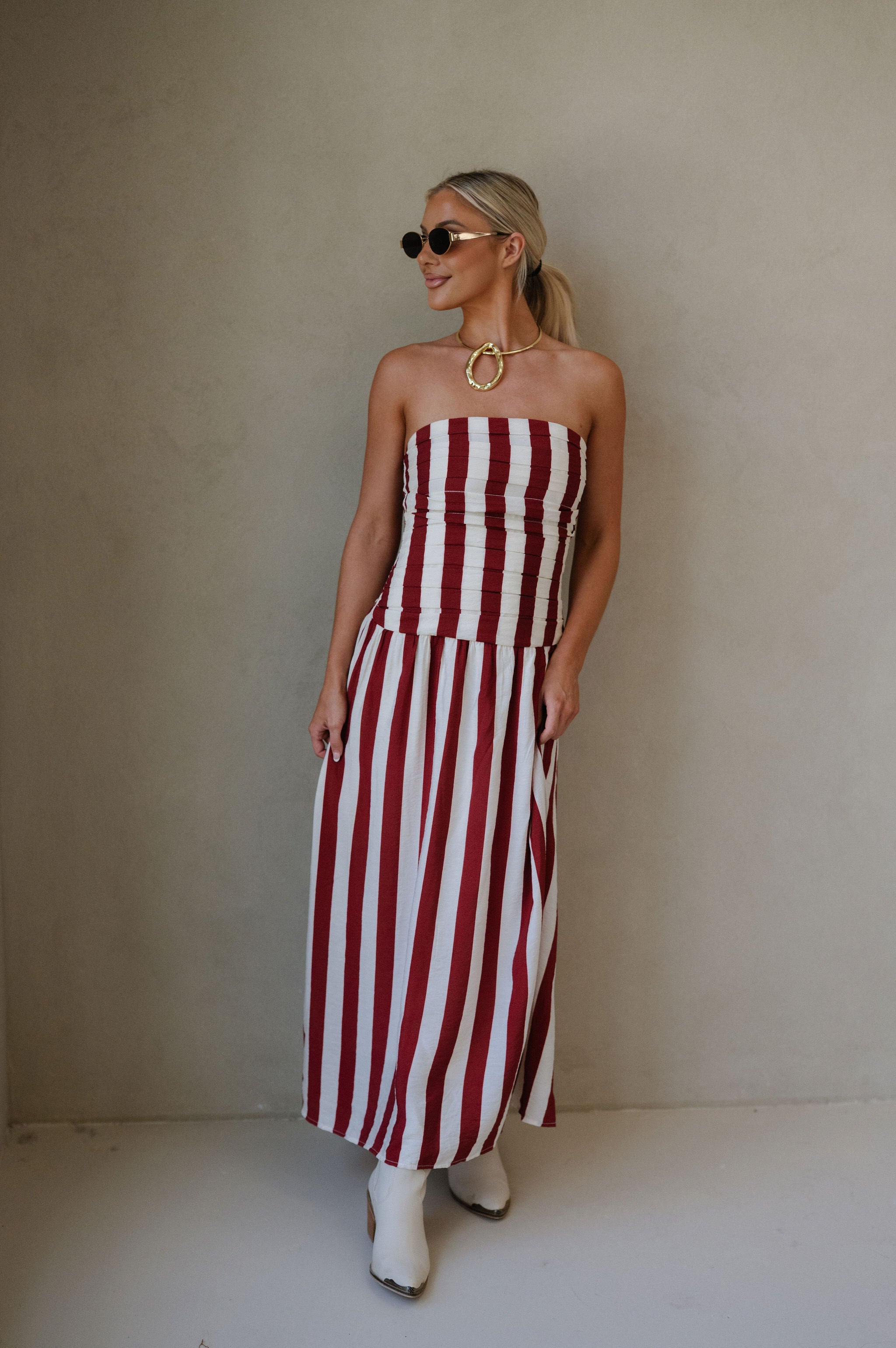 Vertical Stripe Strapless Midi Dress-Red