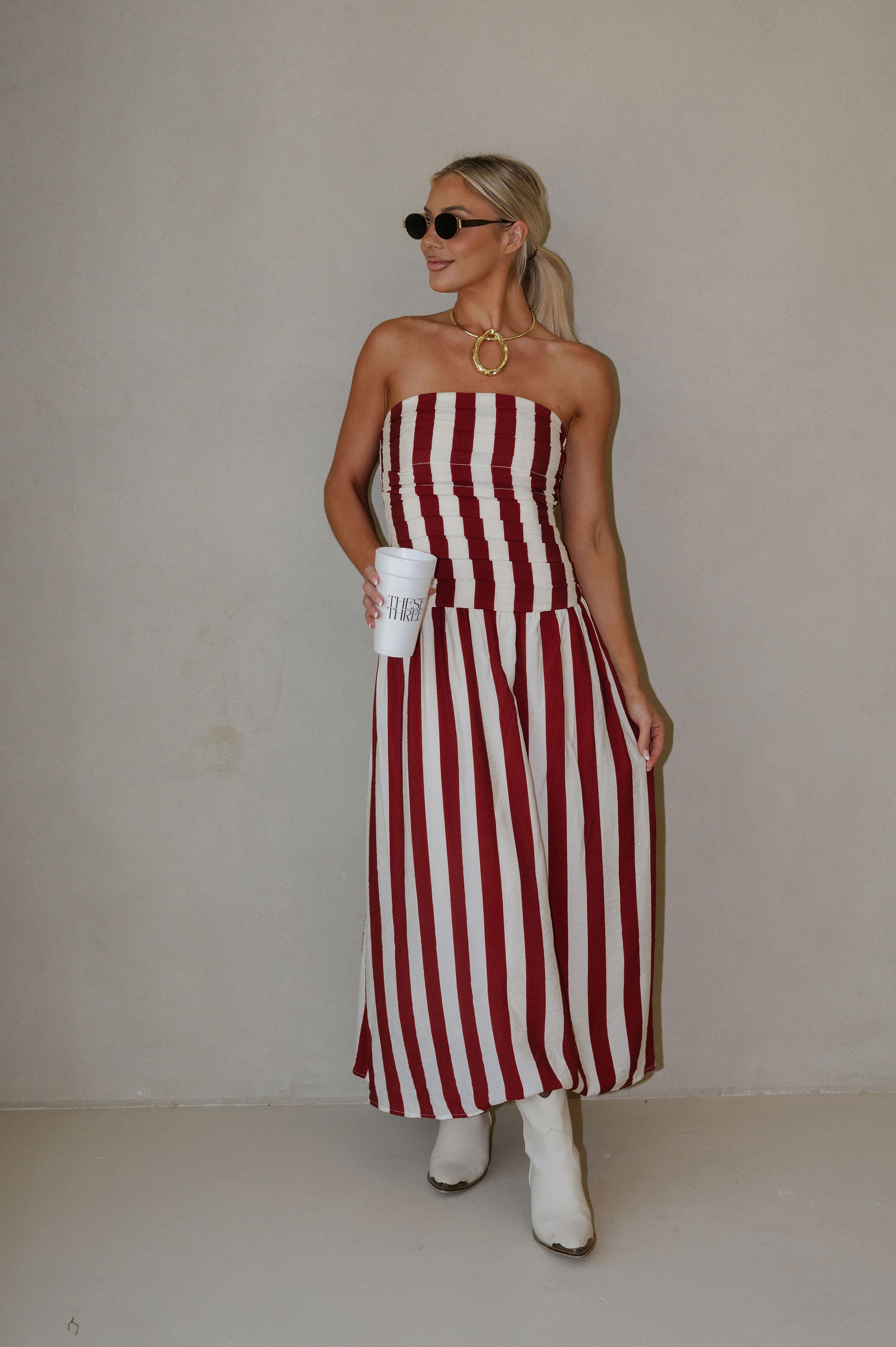 Vertical Stripe Strapless Midi Dress-Red