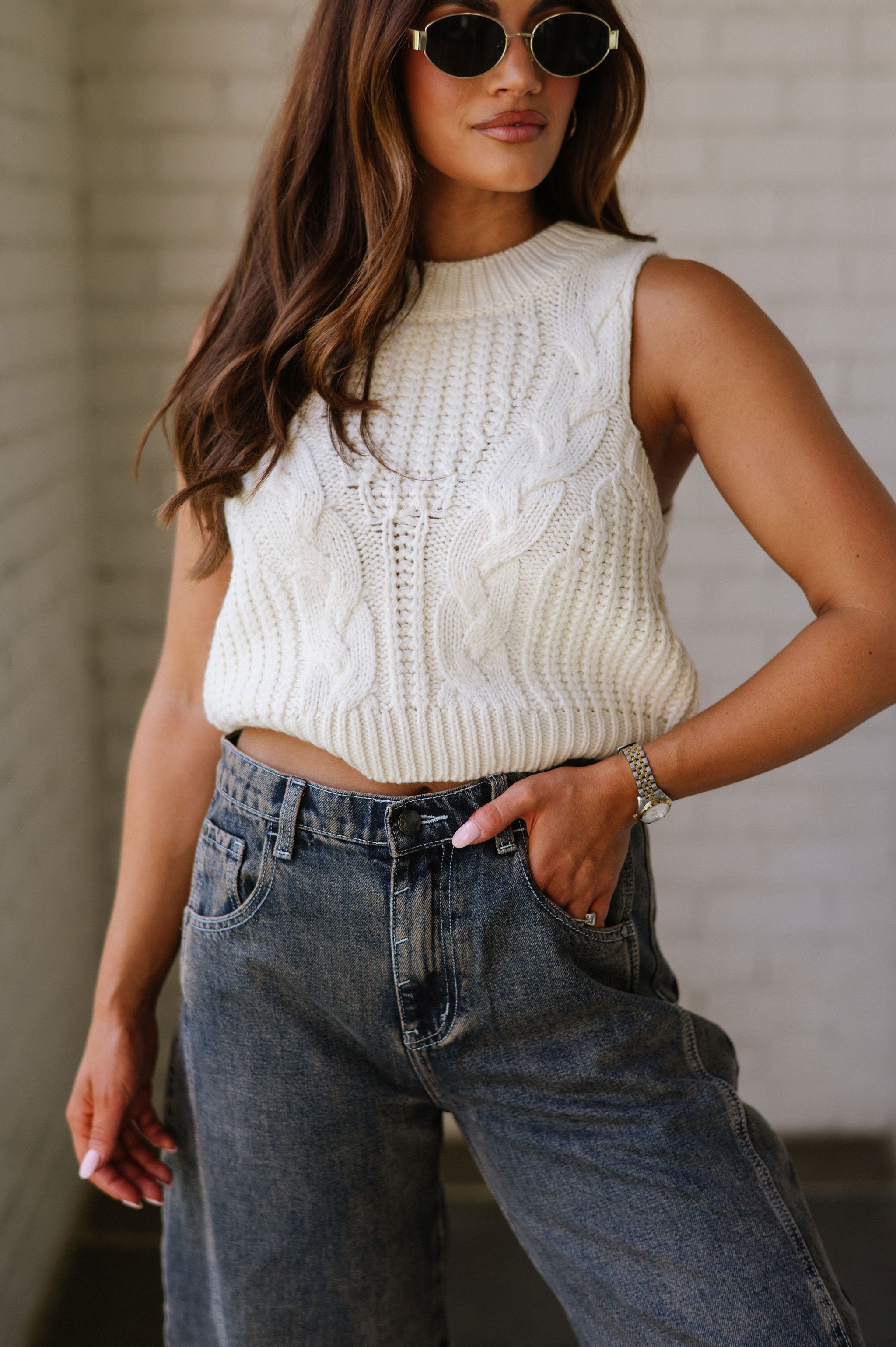 Sleeveless Cable Sweater Top-Cream