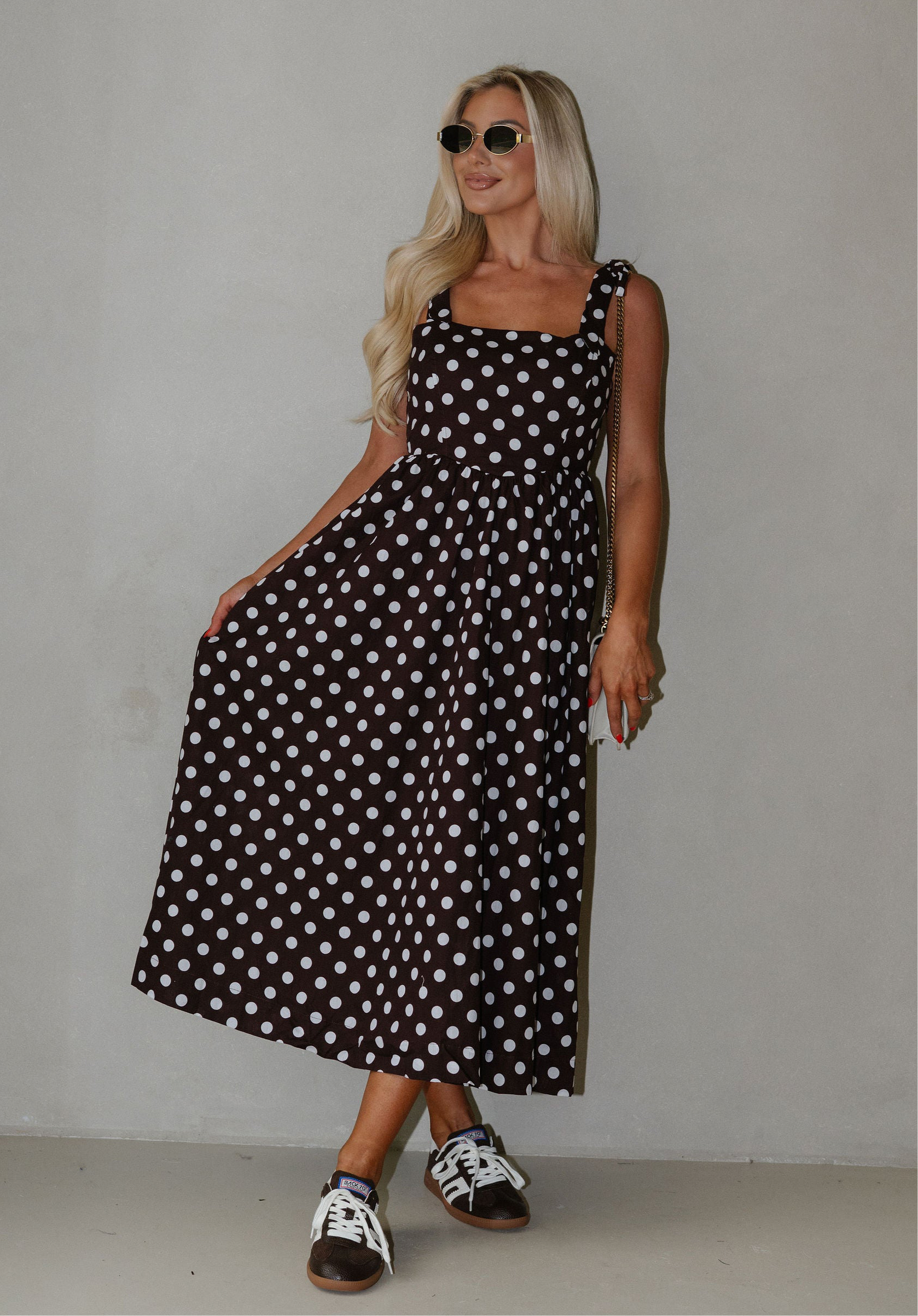 Serena Polka Dot Midi Dress-Brown